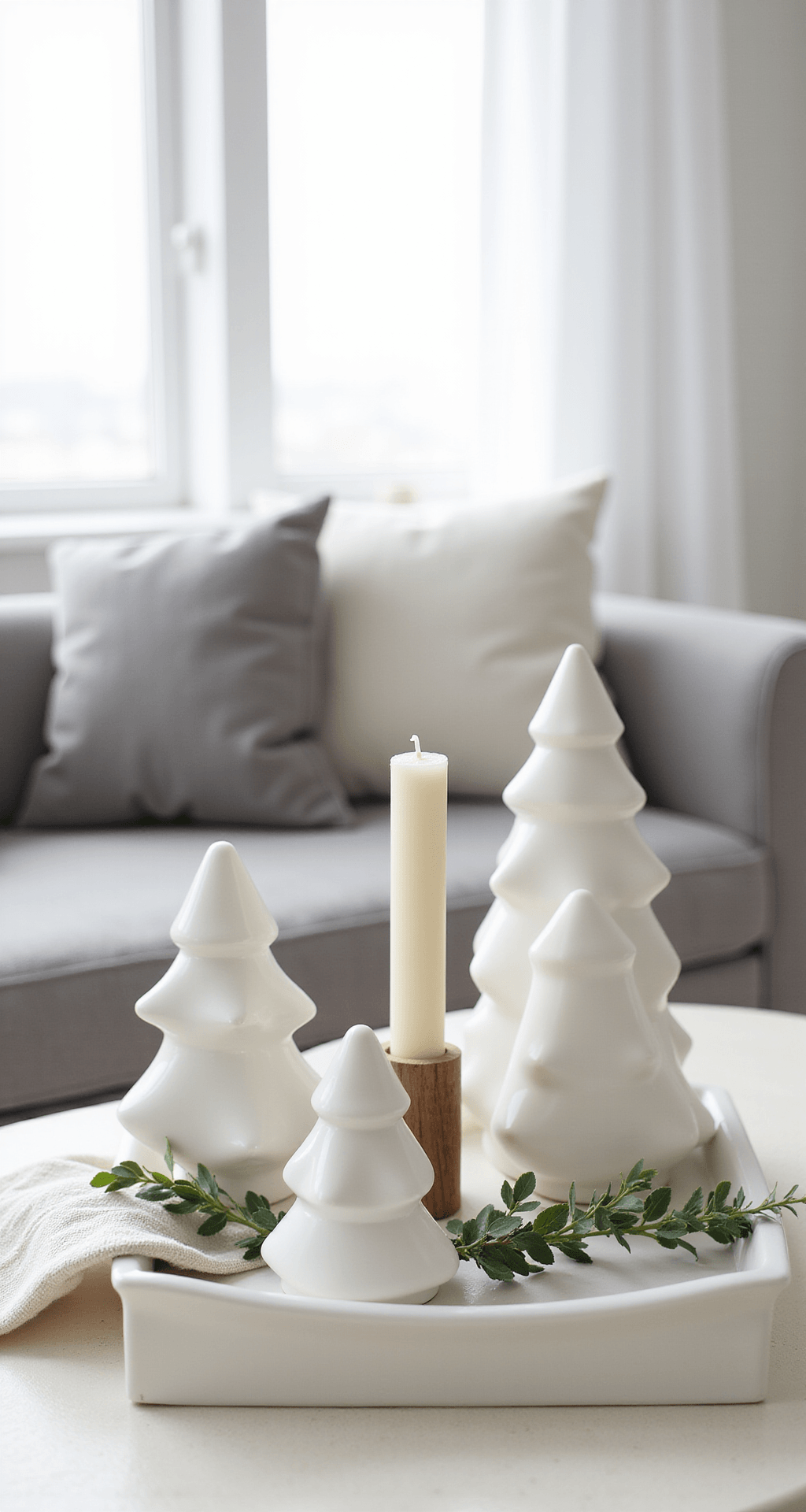 Christmas Tray Décor Ideas That'll Make Your Home Look Like a Holiday Magazine Spread A minimalist Scandinavian holiday arrangement featuring three varying heights of white ceramic Christmas trees on a cream-colored coffee table, accented by a slim ivory taper candle in a natural wood holder and a sprig of fresh eucalyptus, all bathed in bright natural light.