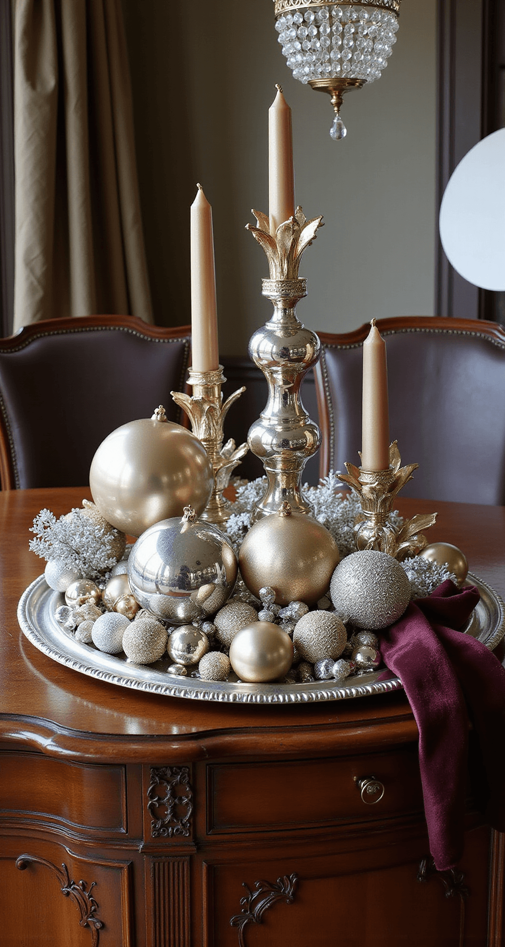 Christmas Tray Décor Ideas That'll Make Your Home Look Like a Holiday Magazine Spread An antique silver-plated tray on a mahogany buffet, featuring mercury glass candles in champagne, silver, and gold, a 10-inch glass finial, metallic ornament balls, glittery silver picks, and a deep burgundy velvet ribbon, all illuminated by dramatic late afternoon light, with a hint of a crystal chandelier in the background.