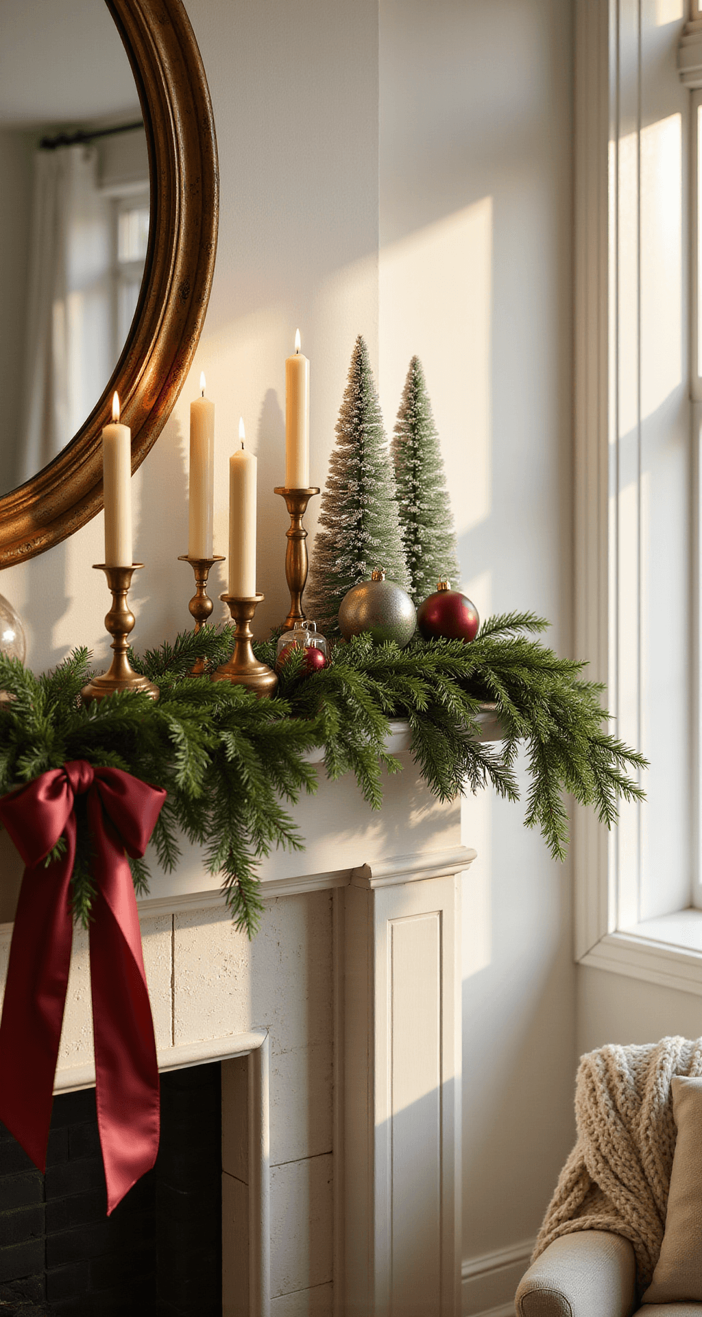 Anthropologie-Inspired Christmas Decor: How I Transformed My Home Into a Whimsical Winter Wonderland Photorealistic wide-angle shot of an elegant living room mantel styled for Christmas, featuring a white-painted wooden mantel adorned with faux cedar garland, cream LED pillar candles in gold holders, a burgundy satin bow, clustered bottlebrush trees, vintage brass candlesticks, and mercury glass ornaments, all illuminated by warm golden hour light.