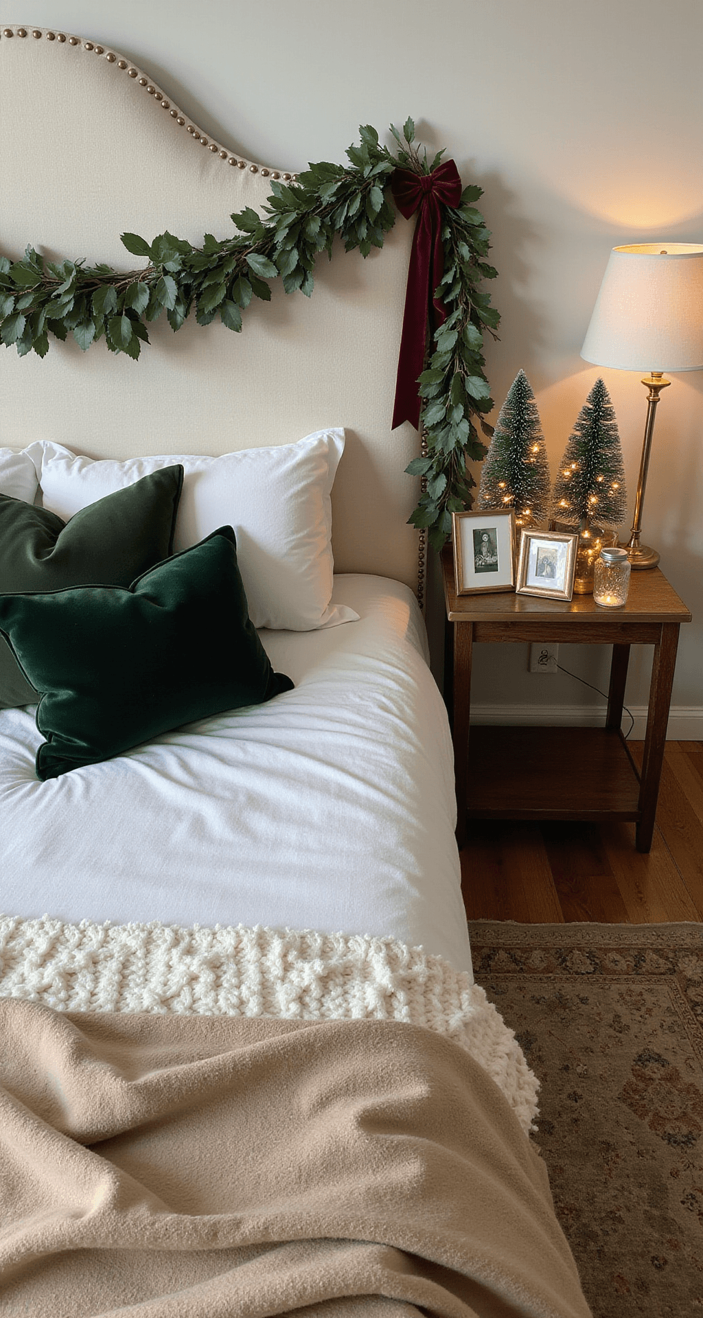 Anthropologie-Inspired Christmas Decor: How I Transformed My Home Into a Whimsical Winter Wonderland Photorealistic overhead view of a cozy bedroom decorated for Christmas, featuring a cream linen upholstered headboard with eucalyptus and cedar garland, a burgundy velvet bow, nightstands with bottlebrush trees and warm fairy lights, a forest green velvet pillow, a cream chunky knit blanket, and a camel cashmere throw, all on hardwood floors with a vintage Persian rug, illuminated by soft natural light and warm bedside lamps.