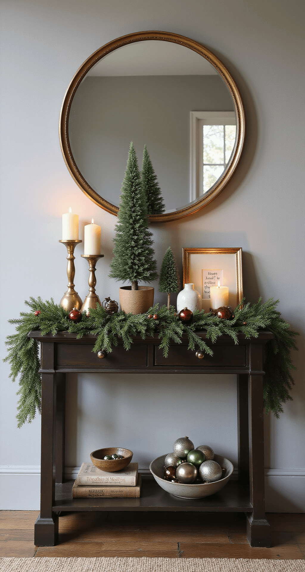 Anthropologie-Inspired Christmas Decor: How I Transformed My Home Into a Whimsical Winter Wonderland Photorealistic entryway featuring a narrow dark wood console table styled for Christmas, with a brass candlestick, bottlebrush tree, vintage books, mercury glass ornaments, and cedar garland, all under a circular brass mirror reflecting warm lighting.