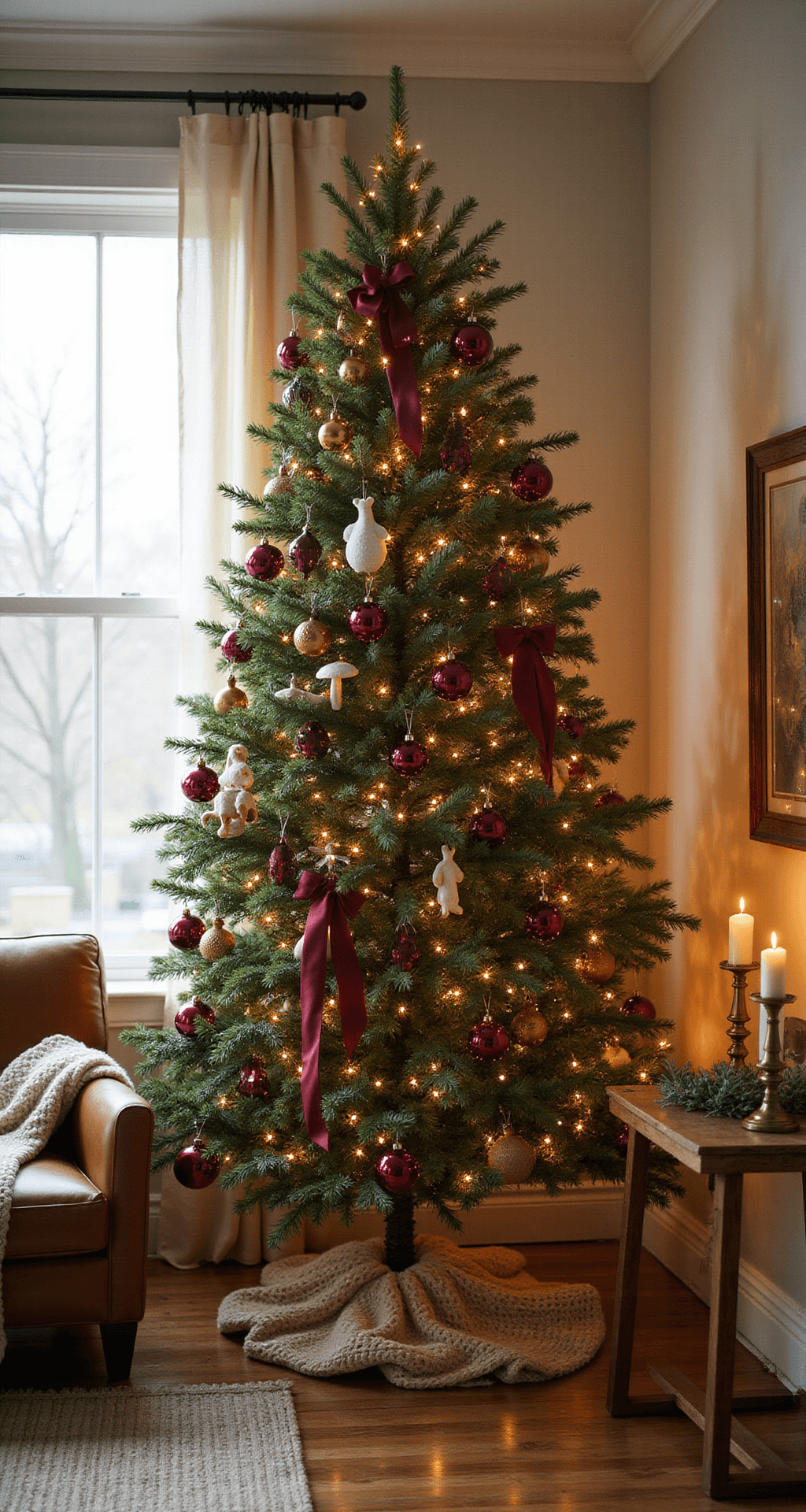 Anthropologie-Inspired Christmas Decor: How I Transformed My Home Into a Whimsical Winter Wonderland Photorealistic three-quarter angle shot of a whimsically decorated seven-foot Fraser fir Christmas tree in a cozy living room corner, adorned with Anthropologie-inspired ornaments and flowing burgundy satin ribbon, warm light filtering through sheer cream curtains, with surrounding decor including a cream wool area rug and vintage leather chair.