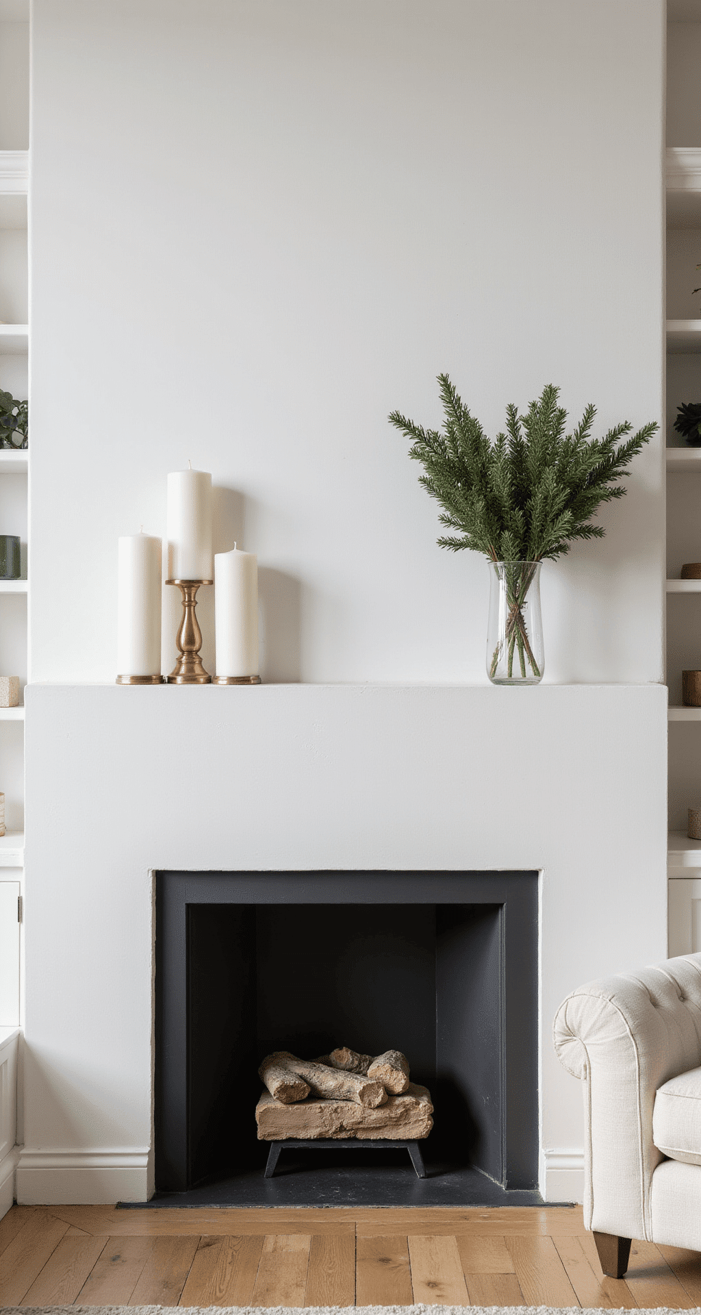 Minimal Christmas Decor: Creating a Calm, Clutter-Free Holiday Space That Photographs Like a Dream Medium shot of a minimalist white fireplace mantel featuring three white pillar candles and a glass vase with evergreen branches, highlighted by natural light and a soft color palette of whites, brass, and deep green.