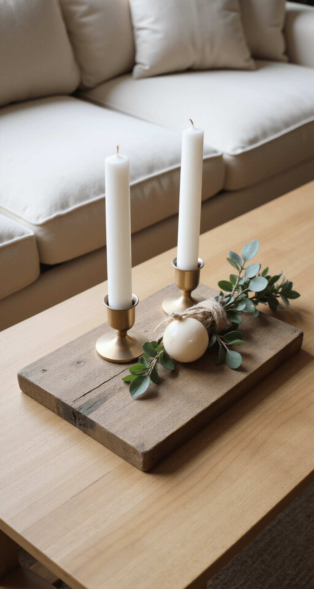 Minimal Christmas Decor: Creating a Calm, Clutter-Free Holiday Space That Photographs Like a Dream Overhead view of a weathered wooden cutting board styled with white taper candles in brass holders, a bundle of eucalyptus tied with twine, and a cream ornament, set on a light oak coffee table with a cream linen sofa partially visible, illuminated by soft golden hour light.
