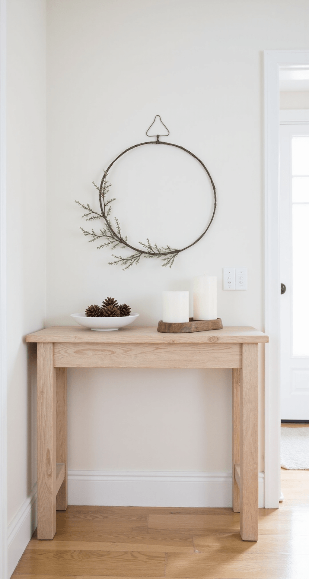 Minimal Christmas Decor: Creating a Calm, Clutter-Free Holiday Space That Photographs Like a Dream A narrow entryway console table made of light natural wood, featuring a metal hoop wreath leaning against a white wall, a white ceramic bowl with three pinecones on the left, and a single white pillar candle in a wooden holder on the right, illuminated by soft diffused light from a nearby window.
