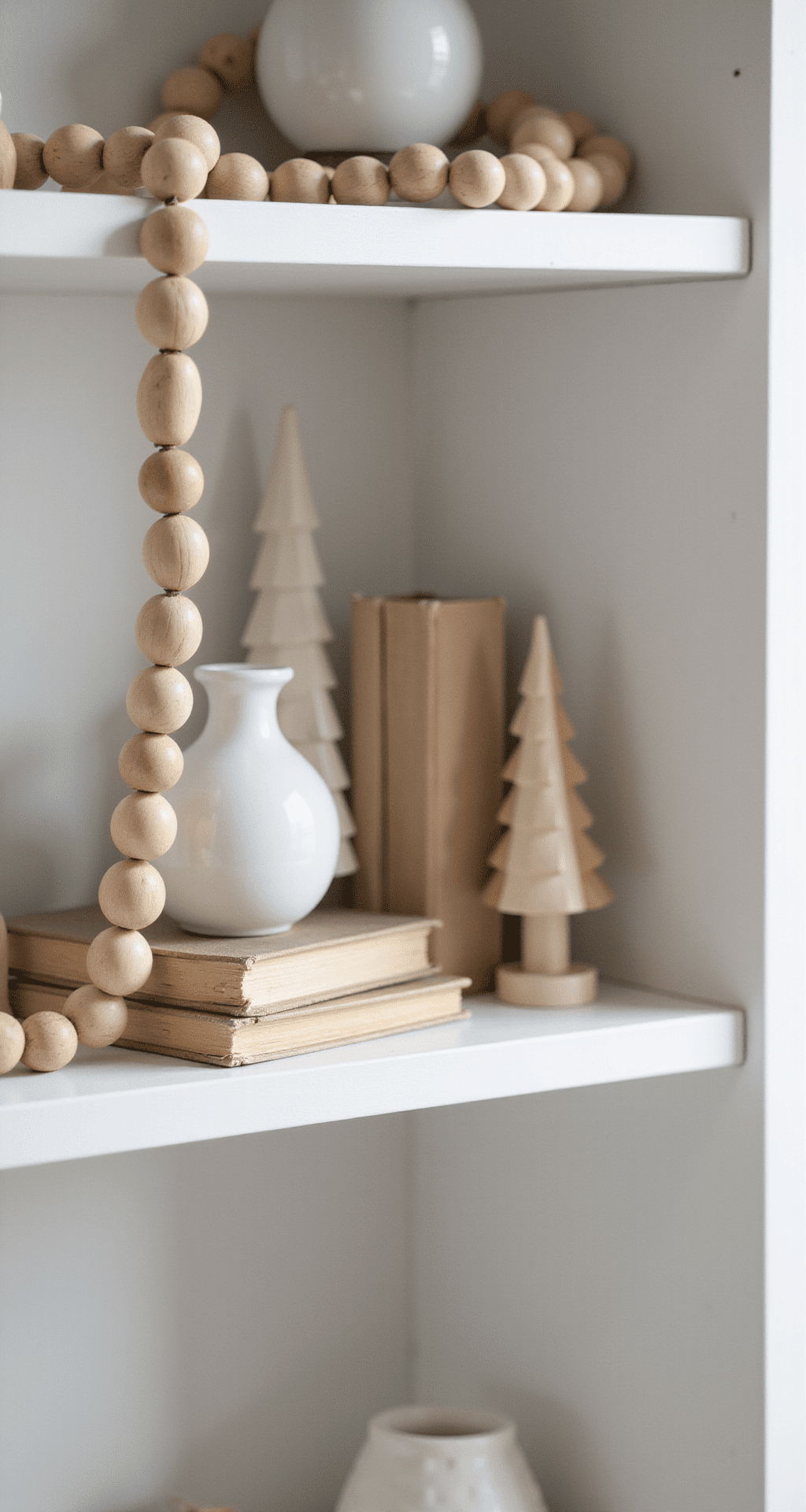 Minimal Christmas Decor: Creating a Calm, Clutter-Free Holiday Space That Photographs Like a Dream Close-up angled shot of a minimalist bookshelf vignette featuring a wooden bead garland, small wooden Christmas trees, a white ceramic house, and two neutral-toned books, all illuminated by natural window light, emphasizing negative space and warm wood tones against a light gray shelf.