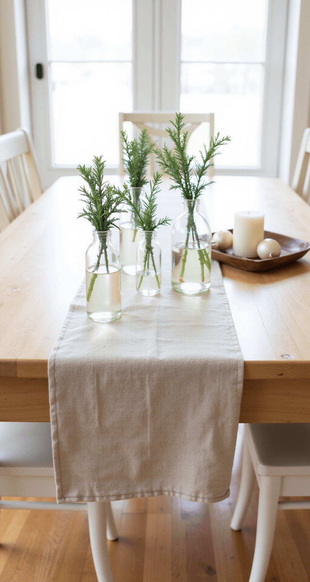 Minimal Christmas Decor: Creating a Calm, Clutter-Free Holiday Space That Photographs Like a Dream A beautifully arranged dining table featuring a natural linen table runner, three clear glass bottles with evergreen sprigs, and a wooden tray with a white candle and cream ornaments, illuminated by soft natural light in a cozy dining room setting.