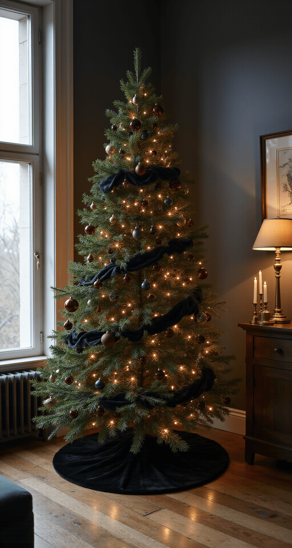 Moody Christmas Decor: How I Transformed My Home Into a Dark, Romantic Winter Wonderland Photorealistic image of a cozy living room corner featuring a moody Christmas tree with deep burgundy velvet ornaments and warm amber LED lights, set against dark charcoal walls and illuminated by soft overcast light filtering through sheer curtains. The scene captures dramatic shadows and highlights, evoking an intimate European cottage atmosphere.