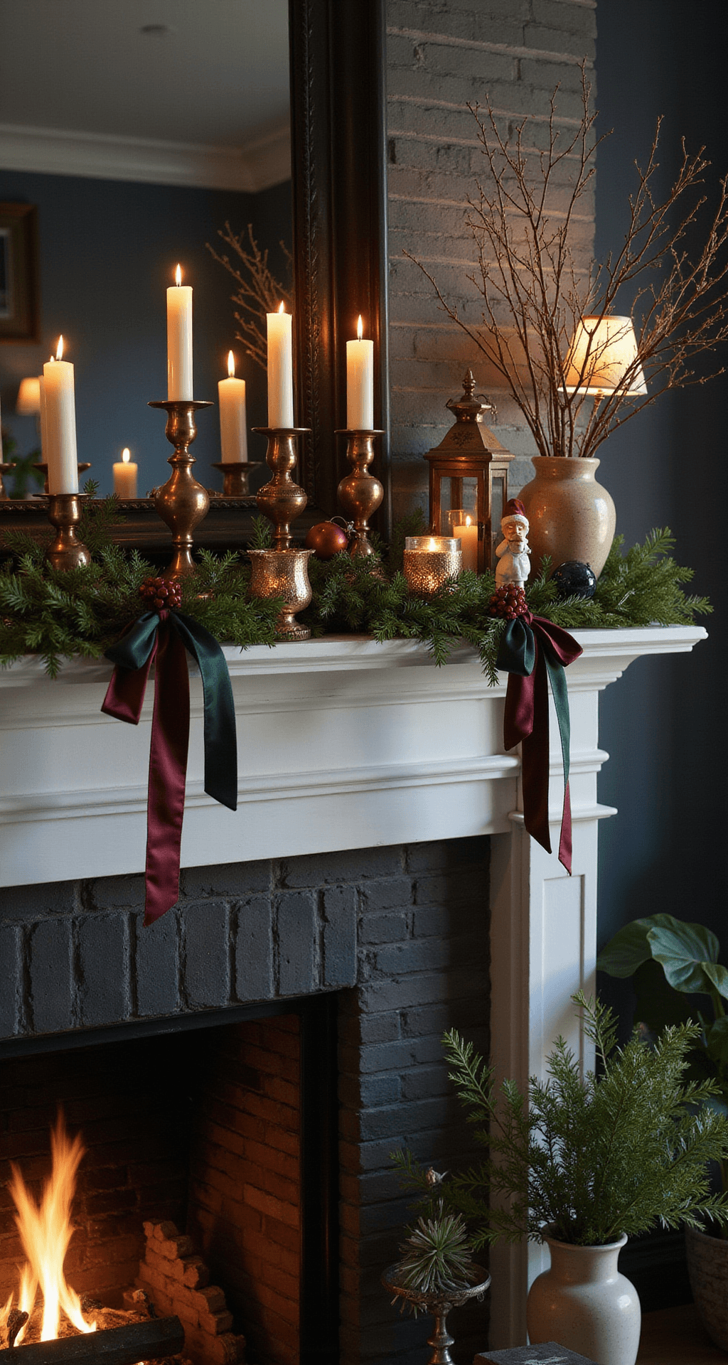 Moody Christmas Decor: How I Transformed My Home Into a Dark, Romantic Winter Wonderland Elegant Christmas mantel styled for evening photography, featuring a white wood mantel above a dark brick fireplace adorned with lush faux evergreen garland, burgundy satin and black velvet ribbons, antique brass candlesticks with lit taper candles, vintage mercury glass votives, and winter branches in a ceramic vase, all capturing a warm, cozy ambiance during blue hour.