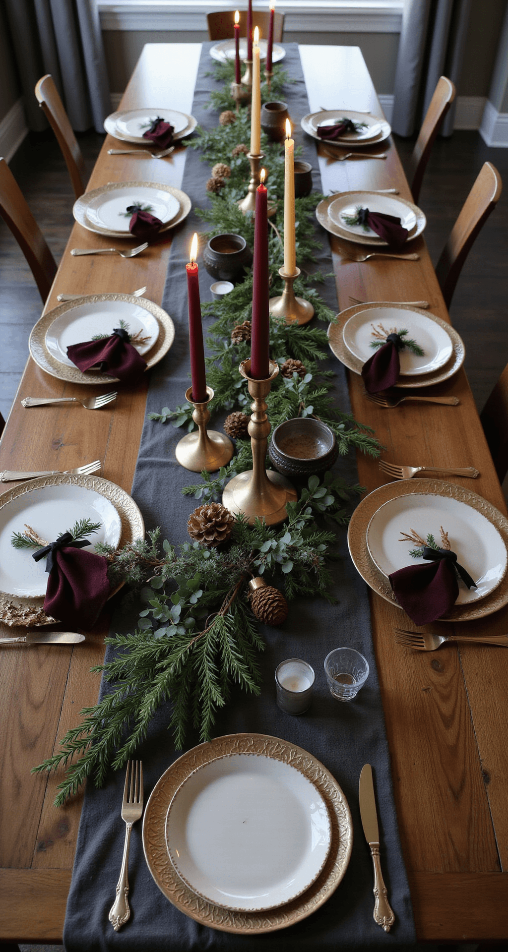Moody Christmas Decor: How I Transformed My Home Into a Dark, Romantic Winter Wonderland Aerial view of an elegant Christmas dining table set for eight with a walnut finish, featuring a charcoal linen runner, evergreen garland, antique brass candlesticks, white ceramic plates on brass chargers, burgundy velvet napkins, and accents of ornaments and pinecones, all illuminated by soft natural light.