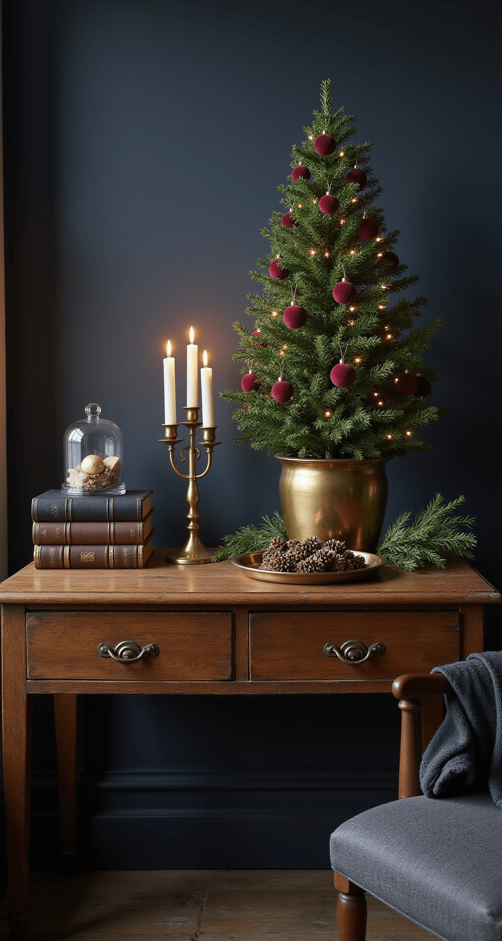 Moody Christmas Decor: How I Transformed My Home Into a Dark, Romantic Winter Wonderland Close-up of a vintage wooden console table in a cozy reading nook, featuring a small faux Christmas tree with burgundy velvet ornaments, brass candlesticks with lit cream candles, stacks of leather-bound books, and decorative pinecones, all illuminated by warm afternoon light against a dark navy wall.
