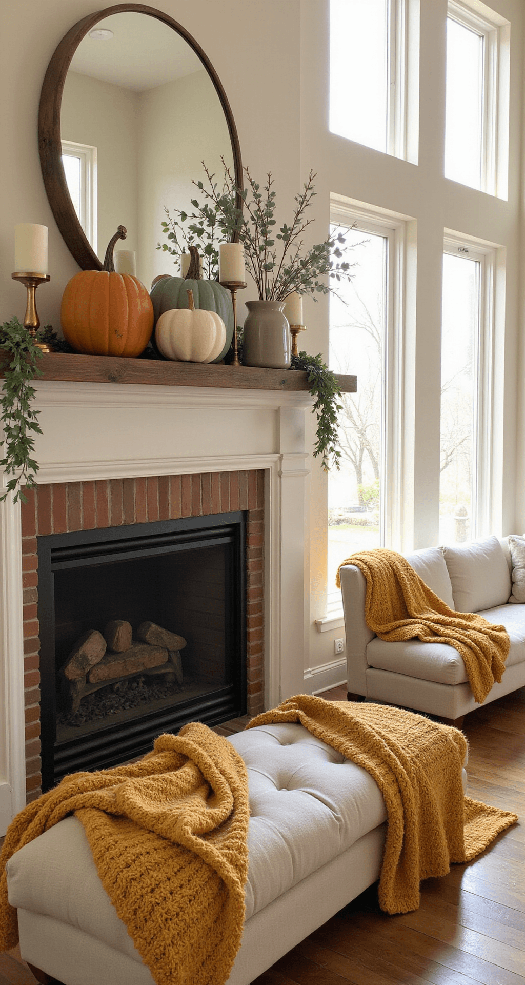 Fall Halloween Decor That Works From September Through October (Without Looking Like a Spirit Store Exploded) Interior living room scene featuring a rustic wooden mantel adorned with heirloom pumpkins and brass candlesticks, illuminated by golden morning light; cream walls and hardwood floors, with an antique mirror and faux copper beech branches adding warmth, while a mustard yellow knit throw drapes over a linen sofa.