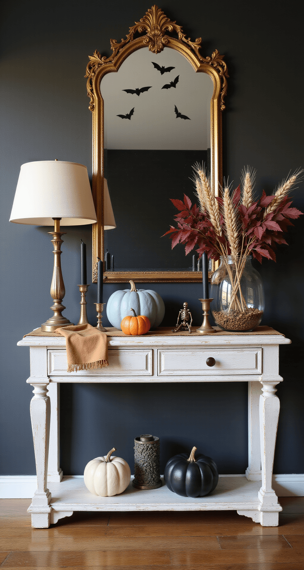 Fall Halloween Decor That Works From September Through October (Without Looking Like a Spirit Store Exploded) Elegant entryway console table during golden hour, featuring a fall-to-Halloween transition display with dark charcoal walls, a whitewashed wooden table, a large dusty blue ceramic pumpkin, smaller cream and black velvet pumpkins, black taper candles in brass candlesticks, paper bats, a gold-framed mirror, a brass skeleton with a mini pumpkin, and faux wheat bundles in a glass lantern, all captured from a low angle to highlight depth and cozy shadows.