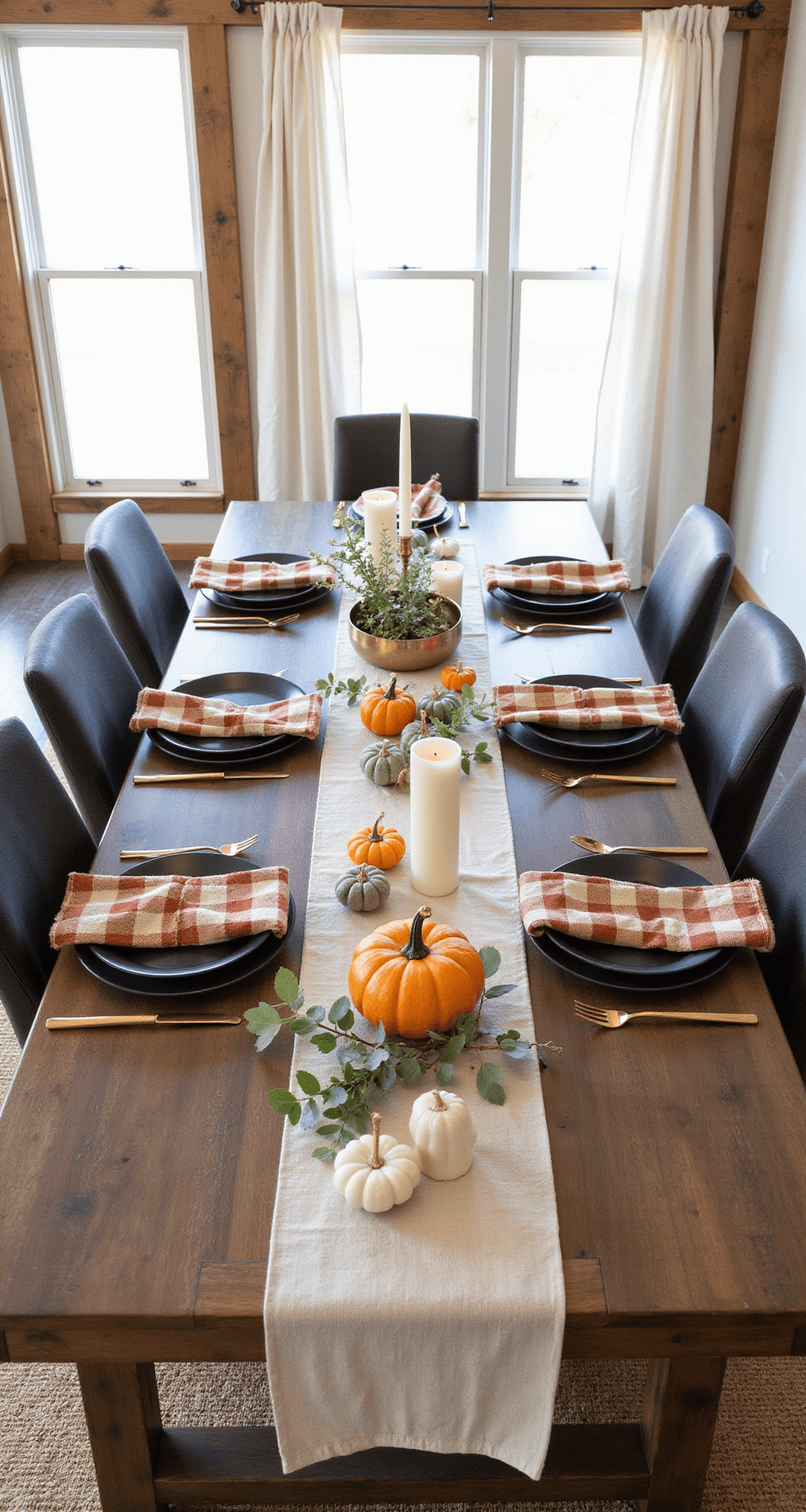 Fall Halloween Decor That Works From September Through October (Without Looking Like a Spirit Store Exploded) Overhead view of a beautifully arranged autumn tablescape in a farmhouse-style dining room, featuring a cream linen table runner, a low brass bowl with eucalyptus and copper beech branches, ivory pillar candles, small gourds, plaid napkins, and a larger heirloom pumpkin as the centerpiece, all bathed in soft morning light.