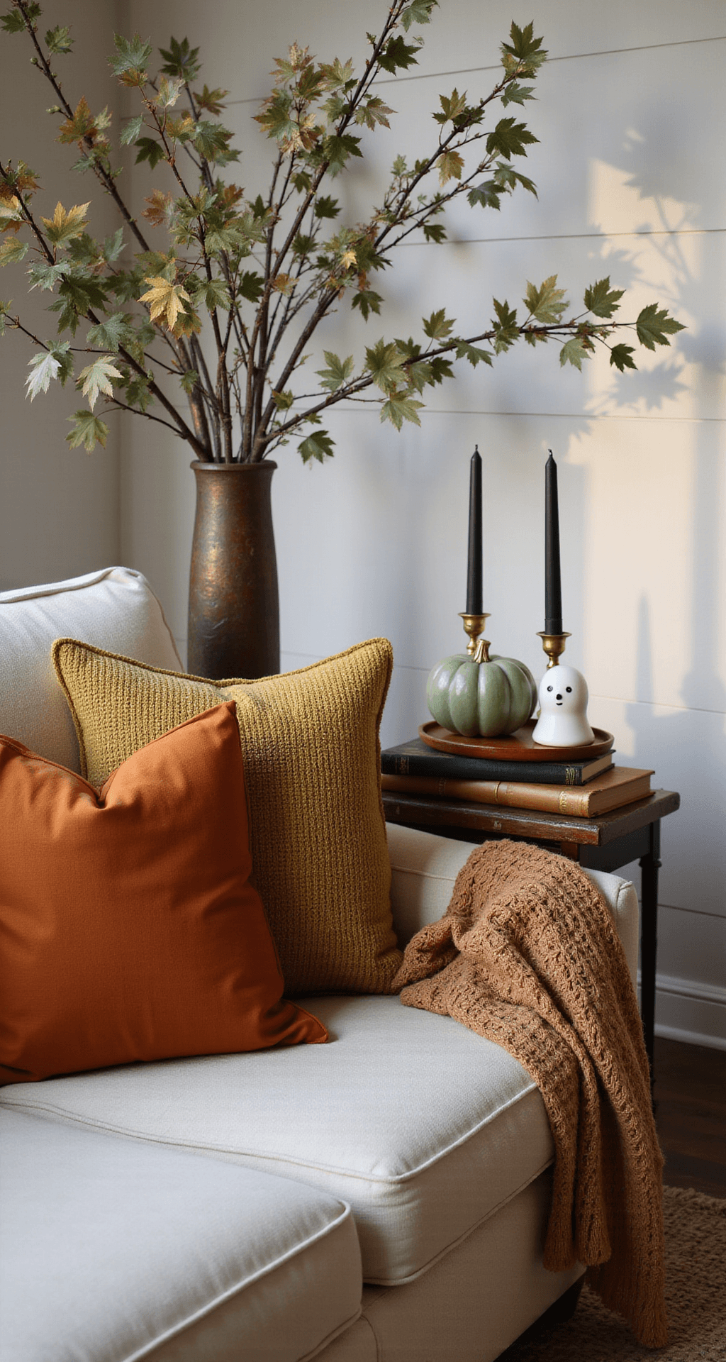 Fall Halloween Decor That Works From September Through October (Without Looking Like a Spirit Store Exploded) Cozy living room corner vignette featuring a cream linen sofa with throw pillows in rust, mustard, and olive textures, draped with a caramel chunky knit throw; a side table with a sage green ceramic pumpkin and a brass candlestick holds a black taper candle; dramatic gold-tipped maple branches in a tall vase cast shadows on the white shiplap wall; a stack of vintage books supports a small white ghost figurine, all illuminated by warm interior lighting during the blue hour.