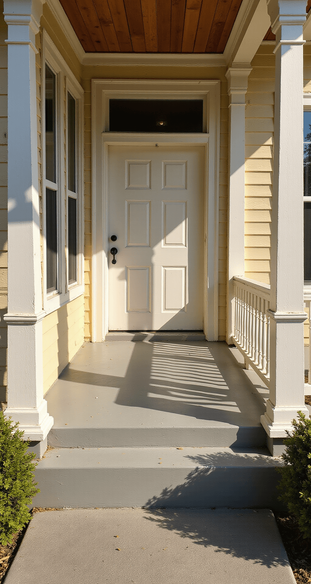 Small Porch Decorating Ideas That Actually Work (Without Breaking the Bank) Photorealistic image of a pristine 4x6 foot front porch, with gleaming concrete flooring, white wooden railings and columns, and a weathered front door, illuminated by warm afternoon sunlight, showcasing a clean and empty space ready for decoration.