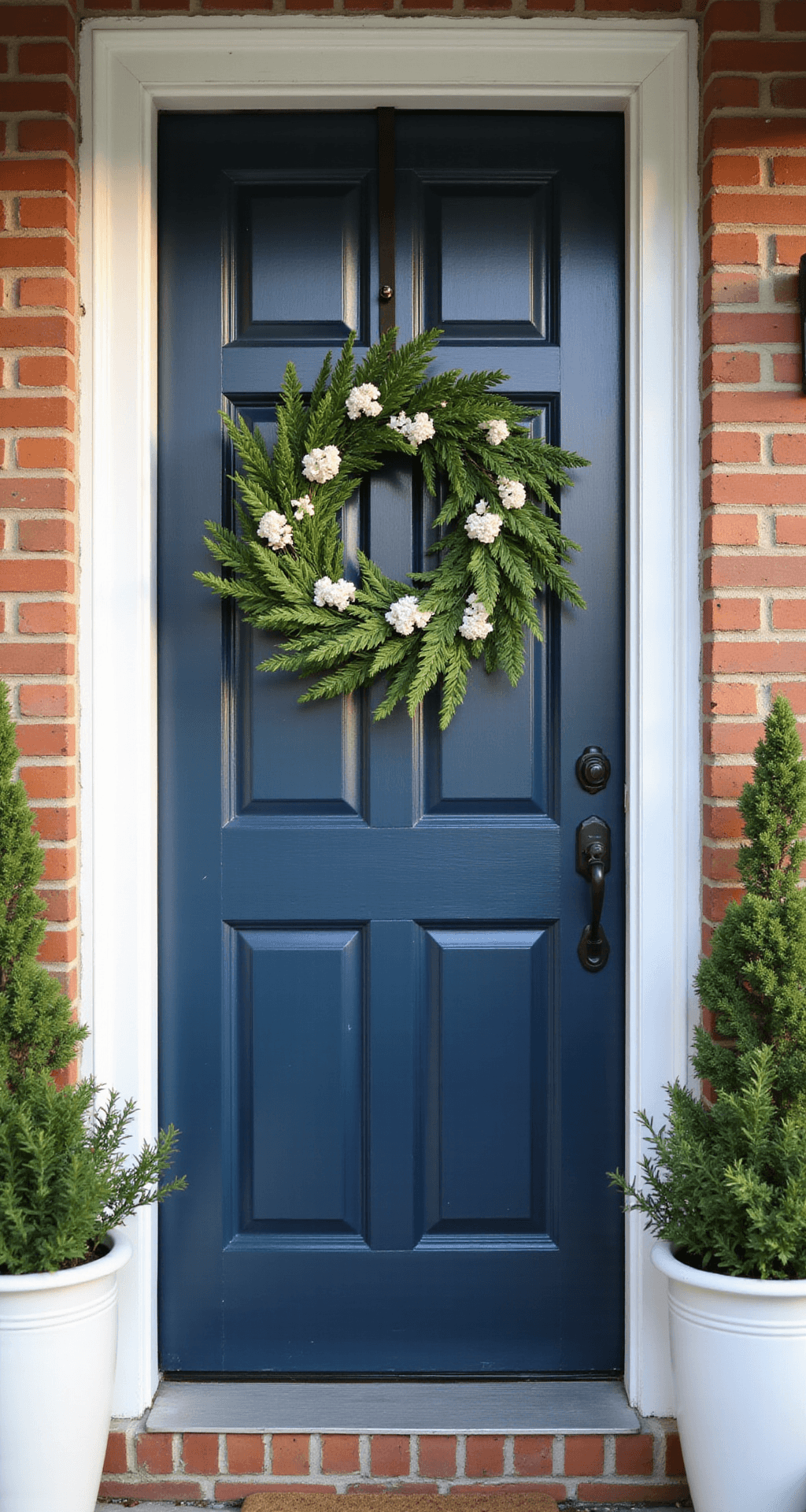 Small Porch Decorating Ideas That Actually Work (Without Breaking the Bank) Dramatic close-up of a stunning navy blue front door adorned with a seasonal wreath, framed by white trim and flanked by matching white ceramic planters with ferns, against a warm brick background in soft morning light.