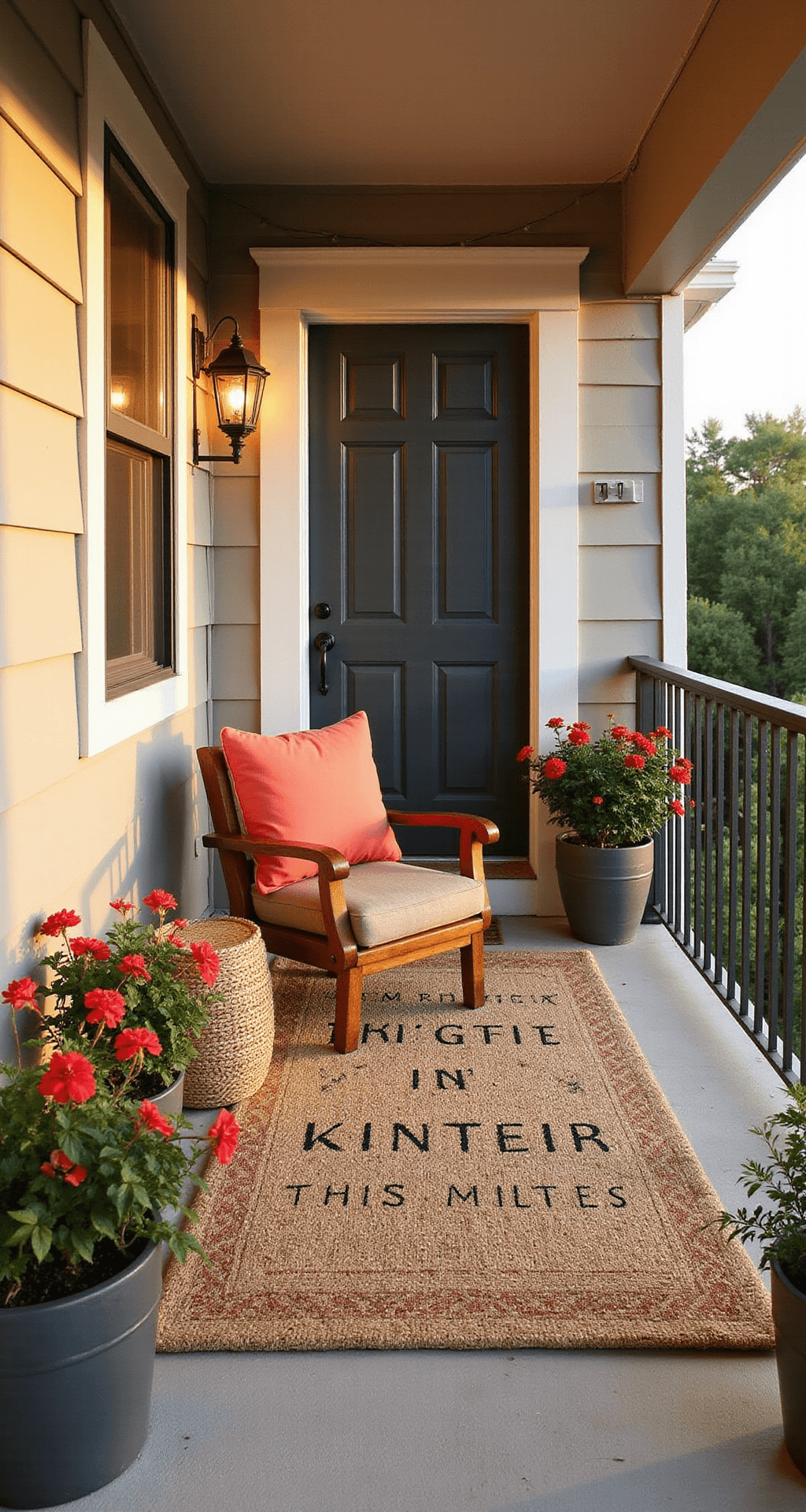 Small Porch Decorating Ideas That Actually Work (Without Breaking the Bank) Wide shot of a stylish porch featuring a layered doormat technique, with a large jute rug beneath a patterned doormat, warm golden hour lighting, a colorful armchair, cascading petunias, and ambient string lights.
