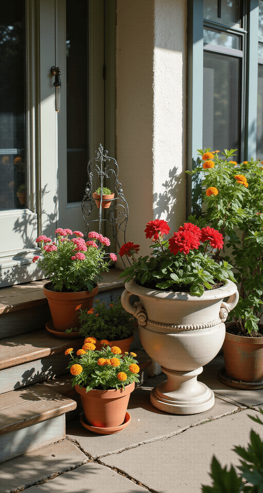Small Porch Decorating Ideas That Actually Work (Without Breaking the Bank) Intimate garden scene on a sunny porch featuring a large urn-style planter with red geraniums, flanked by smaller pots of cascading petunias beside wooden steps. A tiered metal plant stand holds various pots of marigolds and succulents, all bathed in dappled sunlight on weathered concrete, creating a lush yet organized atmosphere.