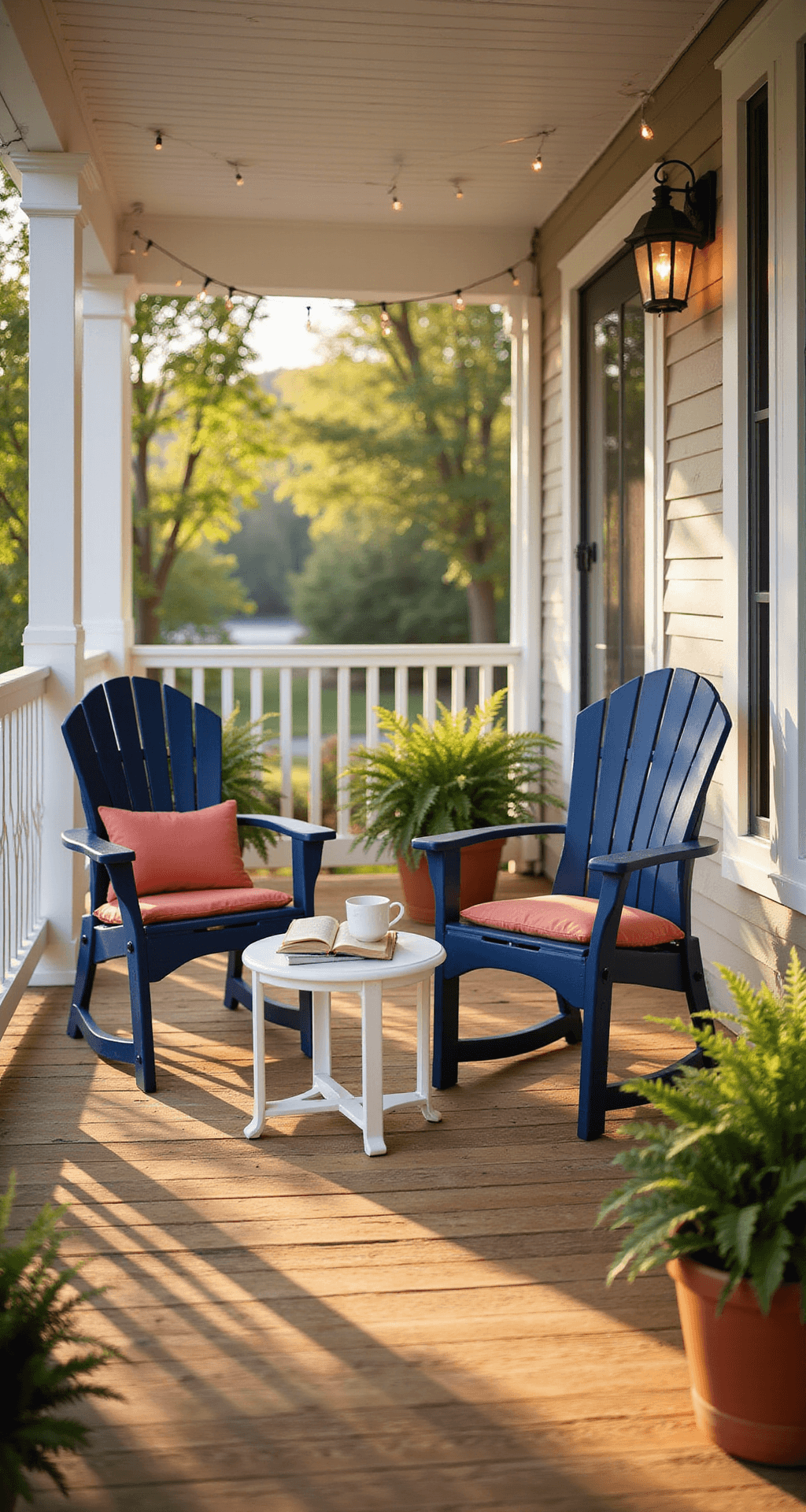 The Front Porch Chair That Made My Neighbors Stop and Stare (And How You Can Find Yours) A cozy covered porch at golden hour, featuring two navy blue Adirondack chairs, a small white side table with a coffee mug and open book, coral outdoor cushions, and potted ferns, all bathed in warm sunlight and soft shadows.