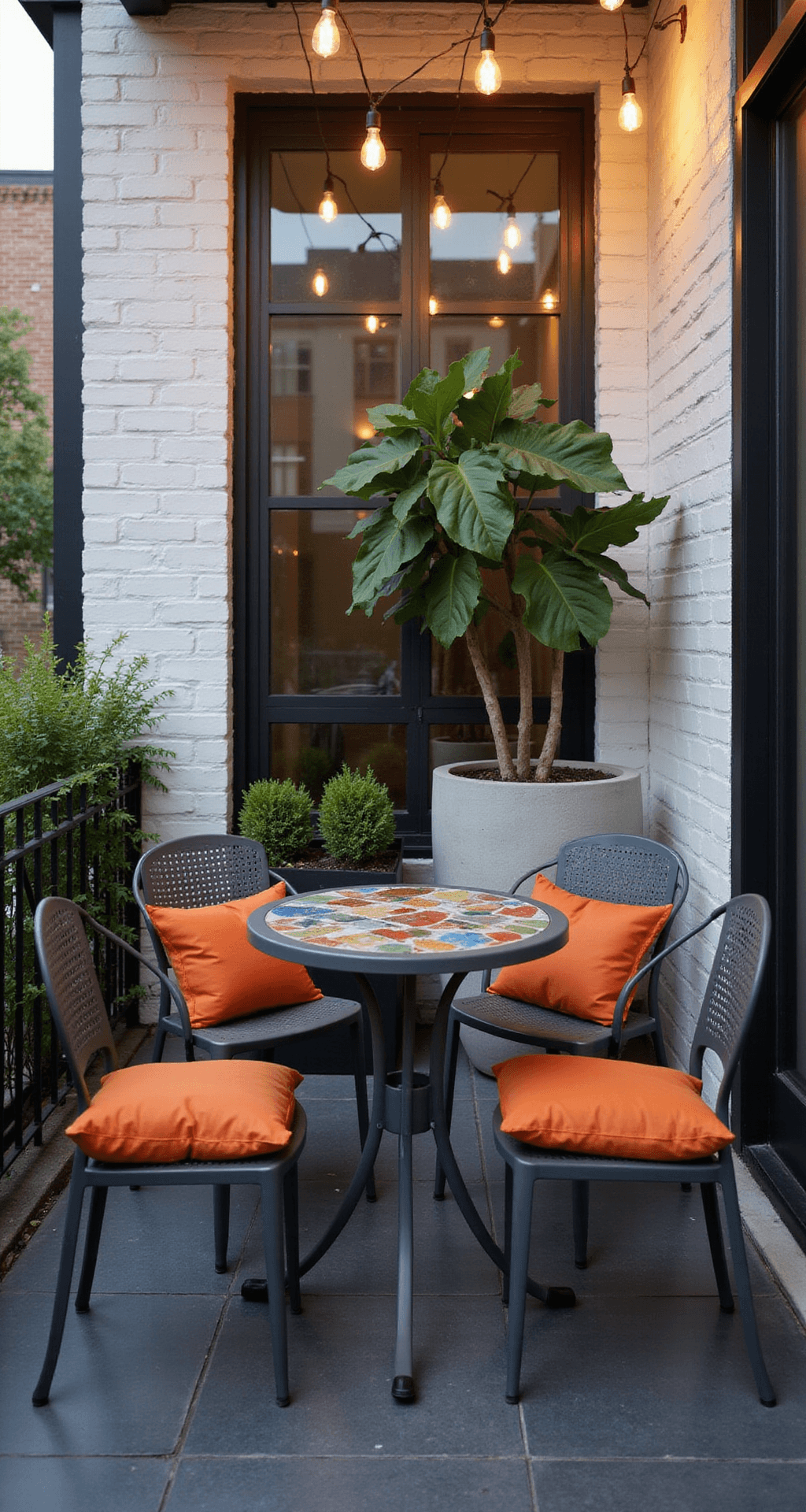 The Front Porch Chair That Made My Neighbors Stop and Stare (And How You Can Find Yours) An intimate urban porch with gray metal bistro chairs and a tiled table, featuring orange cushions, a fiddle leaf fig, and warm string lights, all set against white brick walls and dark slate flooring.