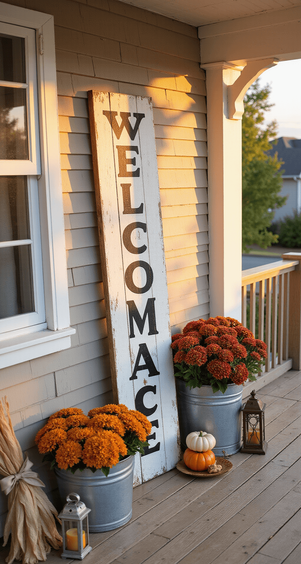 28 DIY Front Porch Sign Ideas That'll Make Your Neighbors Jealous A inviting farmhouse-style front porch in golden afternoon light, featuring a distressed white welcome sign, vintage metal planters with seasonal mums, and autumn decorations like pumpkins and corn stalks, all highlighted by warm honey-colored light and shadows.