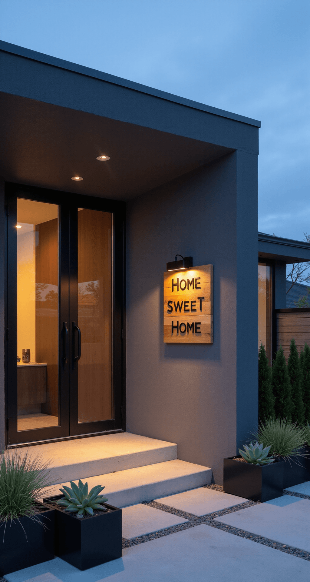 28 DIY Front Porch Sign Ideas That'll Make Your Neighbors Jealous A modern minimalist front entrance at twilight featuring a black metal and cedar sign that reads 'Home Sweet Home', polished concrete flooring, LED lighting, and symmetrical planters with succulents, against a backdrop of warm interior light and a cool evening sky.