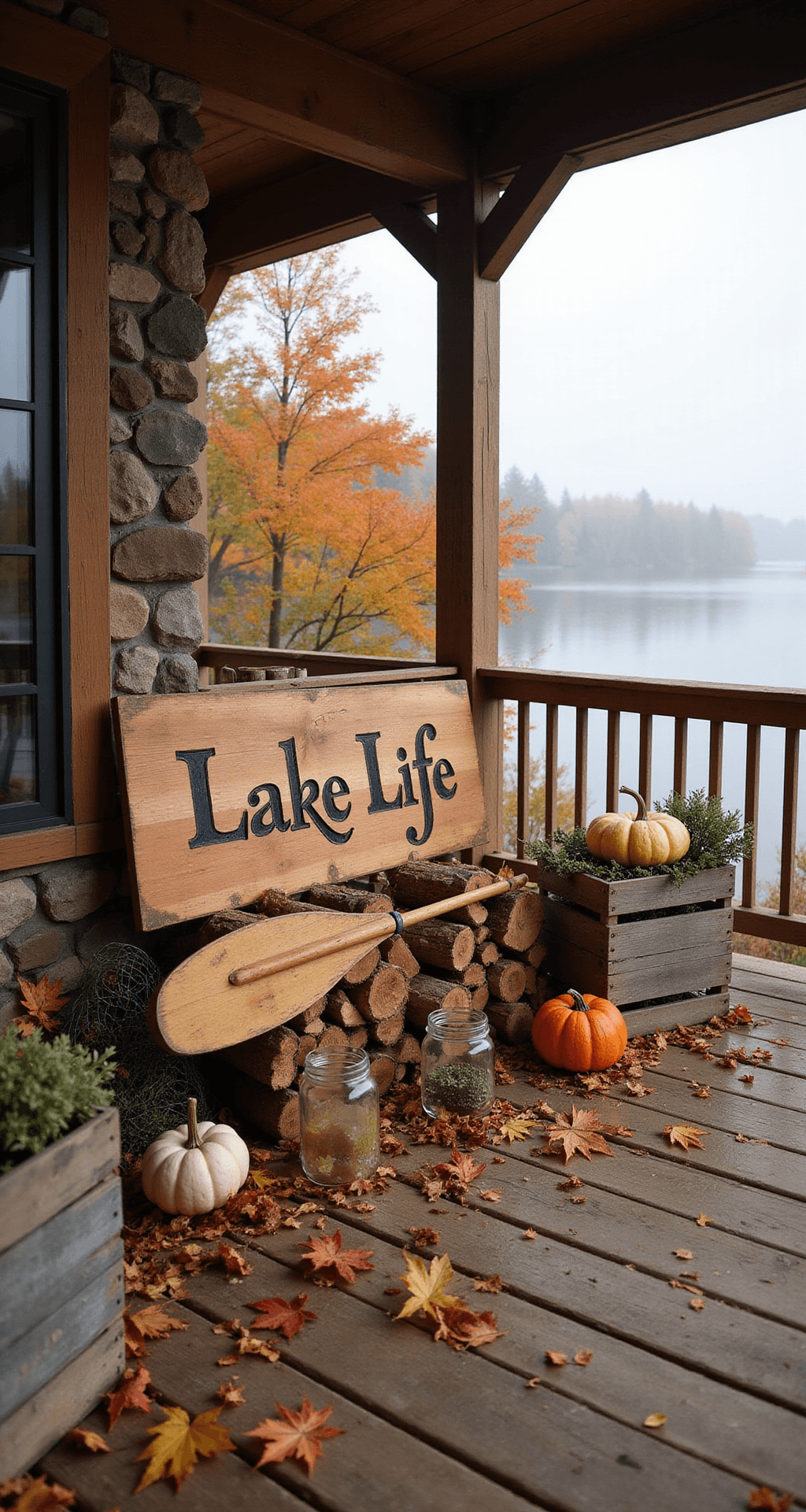 28 DIY Front Porch Sign Ideas That'll Make Your Neighbors Jealous A cozy rustic cabin porch on a misty autumn morning featuring a weathered cedar sign reading 'Lake Life', surrounded by stacked firewood, vintage fishing nets, antique canoe paddles, mason jars with cattails, and seasonal gourds, with soft light illuminating the golden cedar grain and vibrant maple leaves.