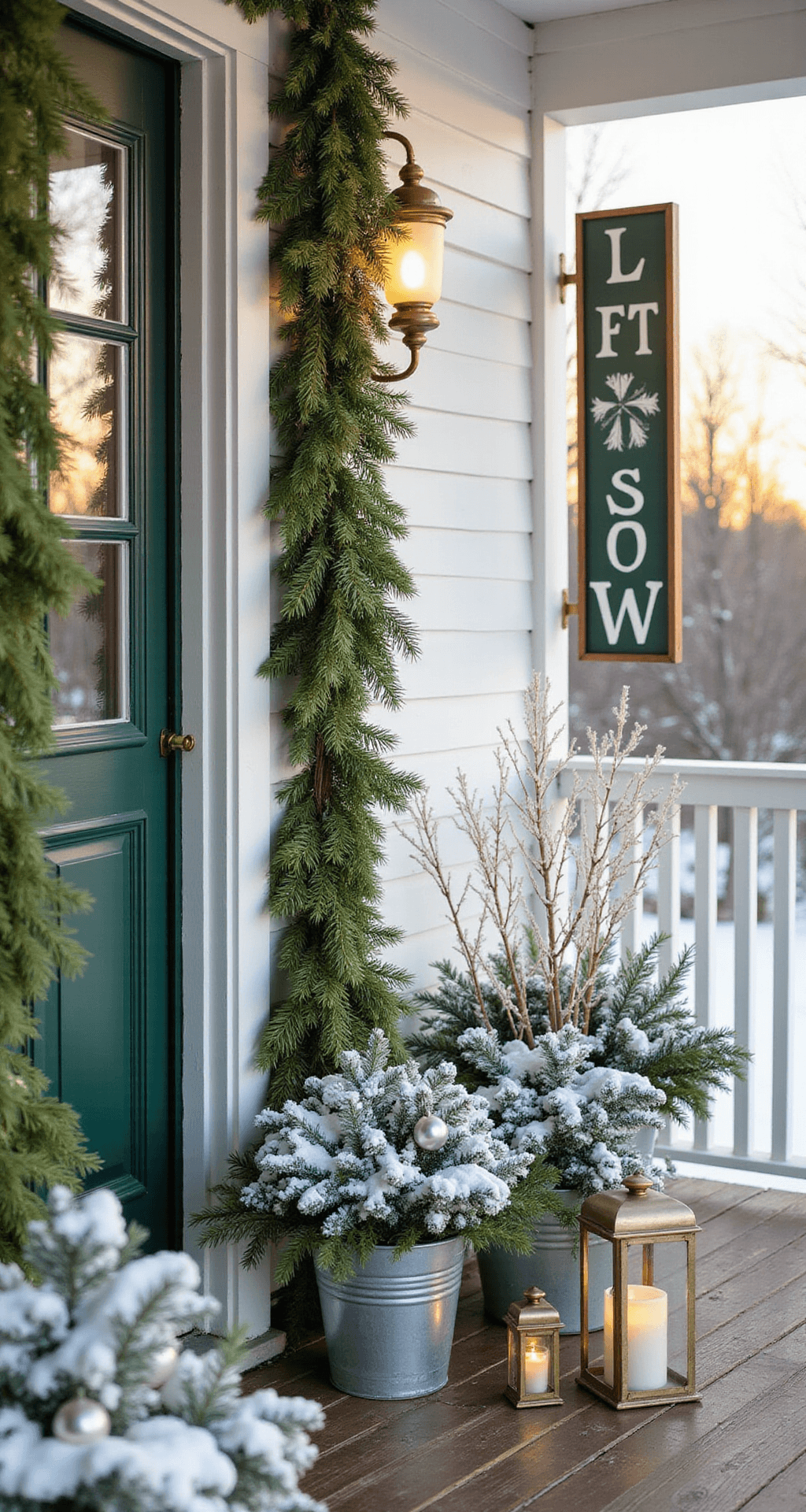28 DIY Front Porch Sign Ideas That'll Make Your Neighbors Jealous An inviting winter porch scene featuring a 'Let It Snow' sign in white on a forest green background, surrounded by fresh snow, evergreen garlands, and decorative elements like frosted lanterns and birch branches, all under the warm glow of late afternoon sunlight.