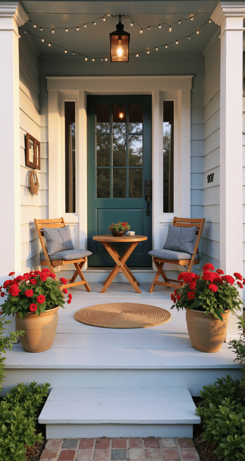 Transform Your Front Porch Into an Outdoor Haven: Design Ideas That Actually Work Photorealistic wide shot of a cozy front porch at golden hour, featuring white wood floors, haint blue ceiling, a teak bistro set with navy striped cushions, large ceramic planters with red geraniums, wall-mounted folding chairs, soft string lights, a jute rug, and a green front door with matte black house numbers, illuminated by a pendant lantern.