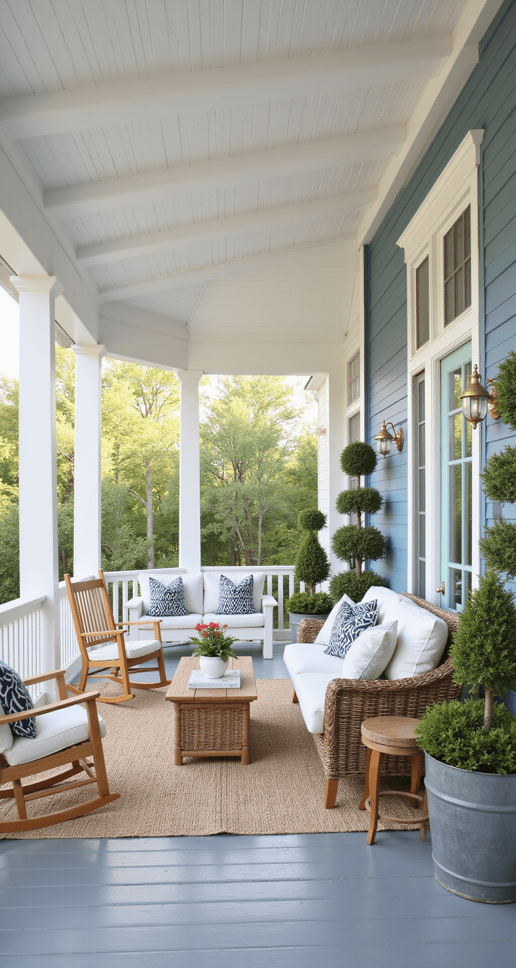 Transform Your Front Porch Into an Outdoor Haven: Design Ideas That Actually Work Spacious wraparound porch with a haint blue ceiling, featuring a white porch swing with navy cushions, teak rocking chairs, a weather-resistant wicker sectional, boxwood topiaries in galvanized planters, and a natural fiber rug, illuminated by soft afternoon light.
