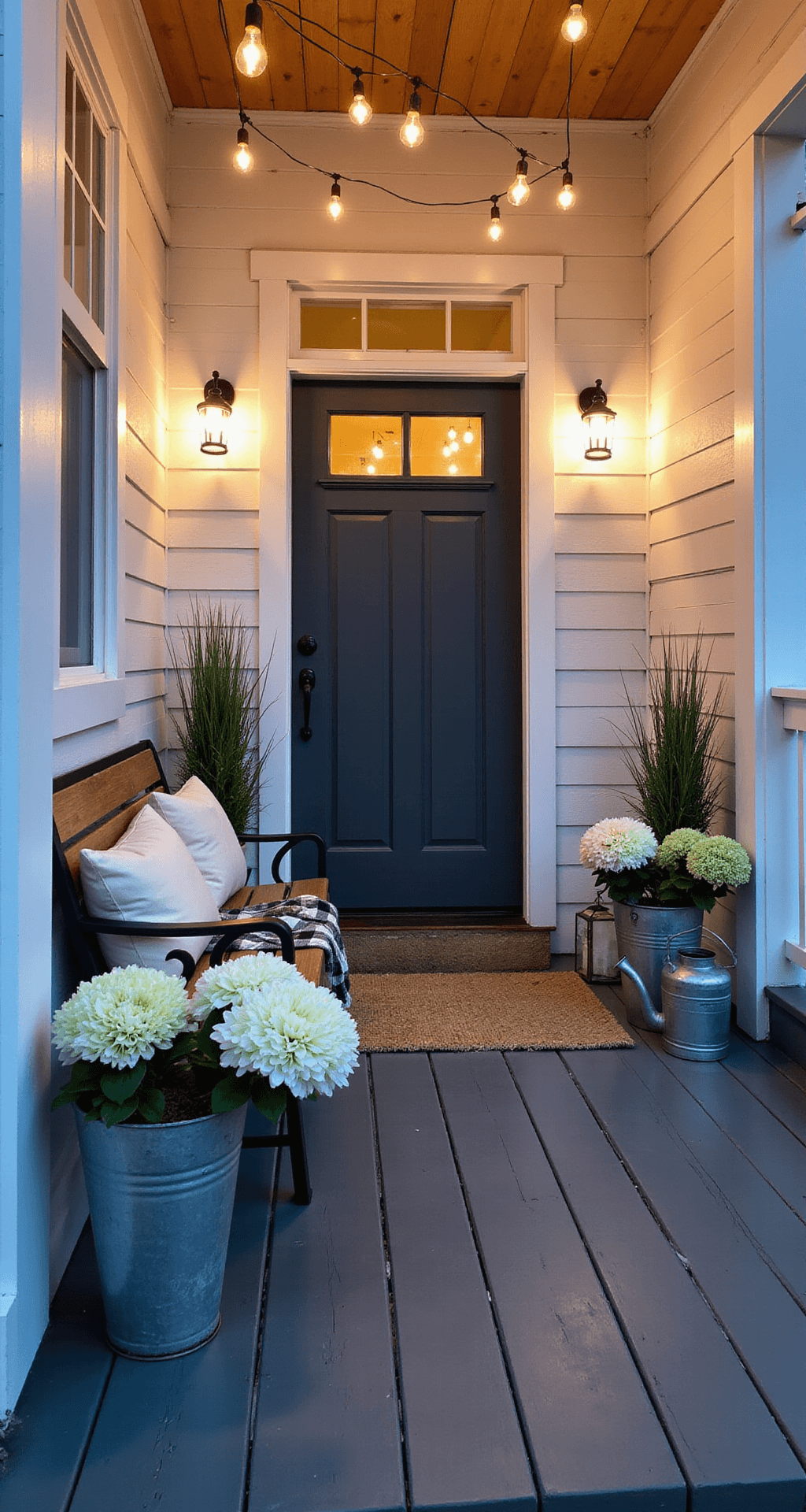 Transform Your Front Porch Into an Outdoor Haven: Design Ideas That Actually Work Cinematic view of a modern farmhouse porch at dusk, featuring charcoal gray floors, cedar ceiling, black metal bench with cream cushions, and galvanized planters with ornamental grasses; illuminated by Edison bulb string lights and set against a matte black front door, with a chunky jute rug and vintage accents.