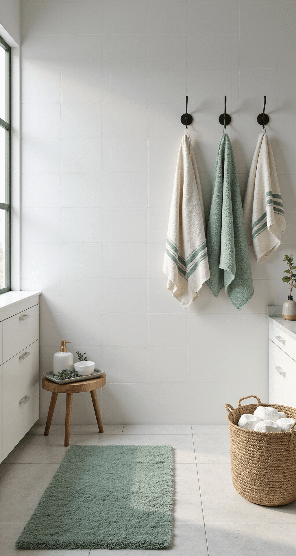 How I Finally Made My Bathroom Look Expensive With Just a Bath Mat (And You Can Too) Photorealistic overhead view of a modern coastal bathroom featuring a sage green bath mat, white subway tiles, cream towels with sage stripes on black hooks, a white ceramic soap dispenser on a wood tray with eucalyptus, and a jute basket with rolled towels, illuminated by soft morning light from a frosted window.