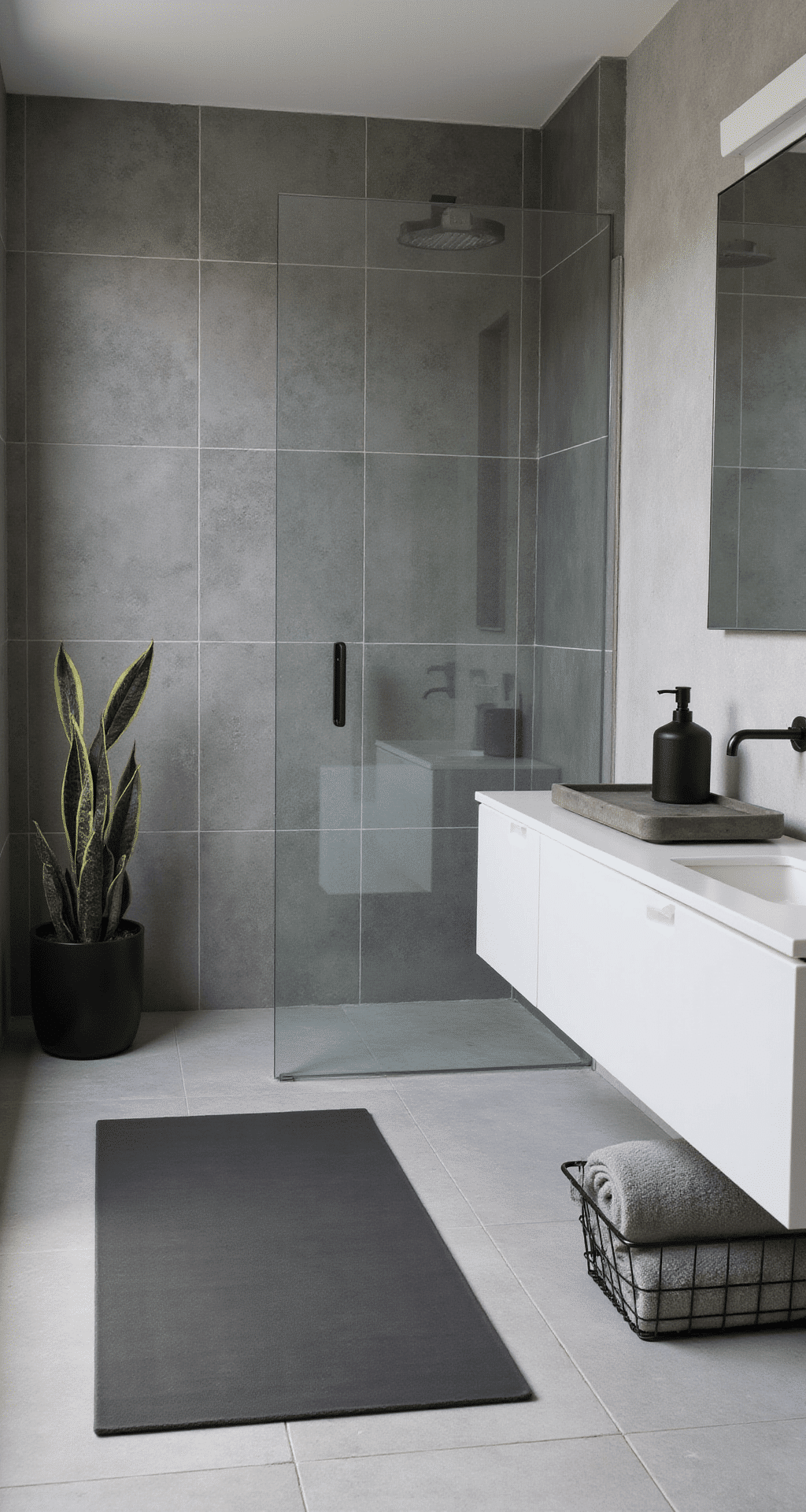 How I Finally Made My Bathroom Look Expensive With Just a Bath Mat (And You Can Too) A minimalist modern bathroom viewed from a 45-degree angle, featuring a charcoal gray geometric bath mat, cool gray large format tiles, a floating white vanity with a matte black soap dispenser, a concrete tray, a snake plant in a black ceramic pot, rolled light gray towels in a black wire basket, and sleek chrome fixtures reflecting LED lighting in a sophisticated and uncluttered atmosphere.
