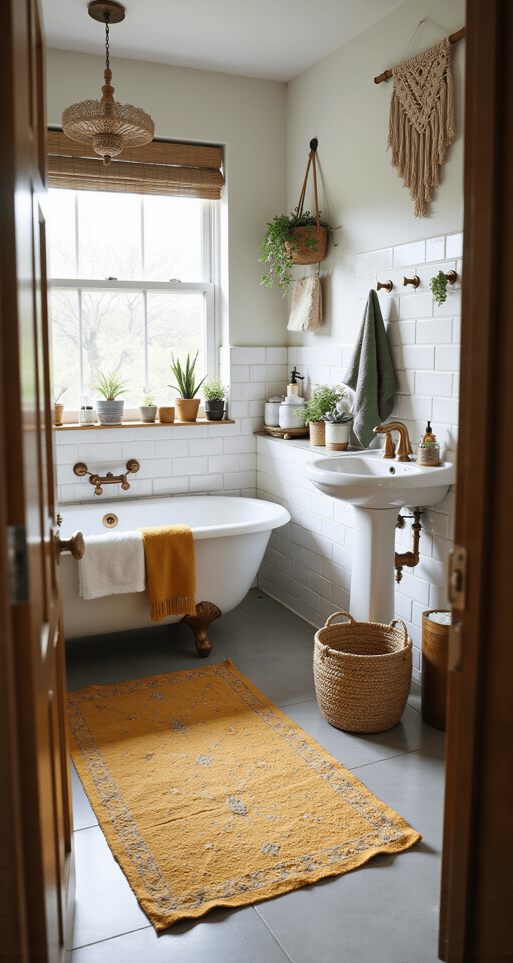 How I Finally Made My Bathroom Look Expensive With Just a Bath Mat (And You Can Too) A wide-angle shot of a bohemian eclectic bathroom with a vintage-style mustard yellow bath mat layered over a jute rug, sage green hand towels on copper hooks, small ceramic potted plants on a white subway tile windowsill, seagrass baskets for toiletries, a macrame wall hanging, and natural light filtering through a bamboo shade.