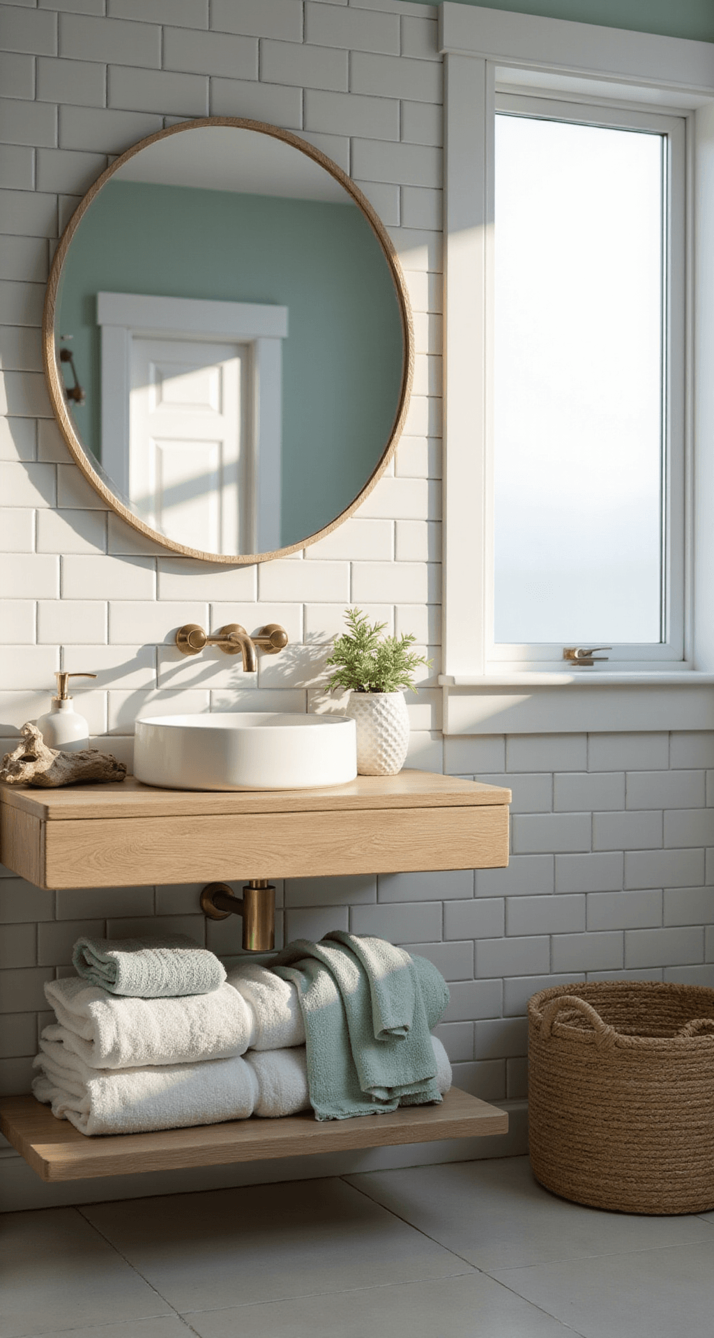 Coastal Bathroom Decor That'll Make Your Followers Double-Tap (And Actually Work in Real Life) Modern coastal bathroom featuring a white oak floating vanity with a curated vignette, including a matte white soap dispenser, driftwood, and a seafoam green towel, all under a round rattan mirror and soft gray-blue walls, illuminated by golden mid-morning light through a frosted window.