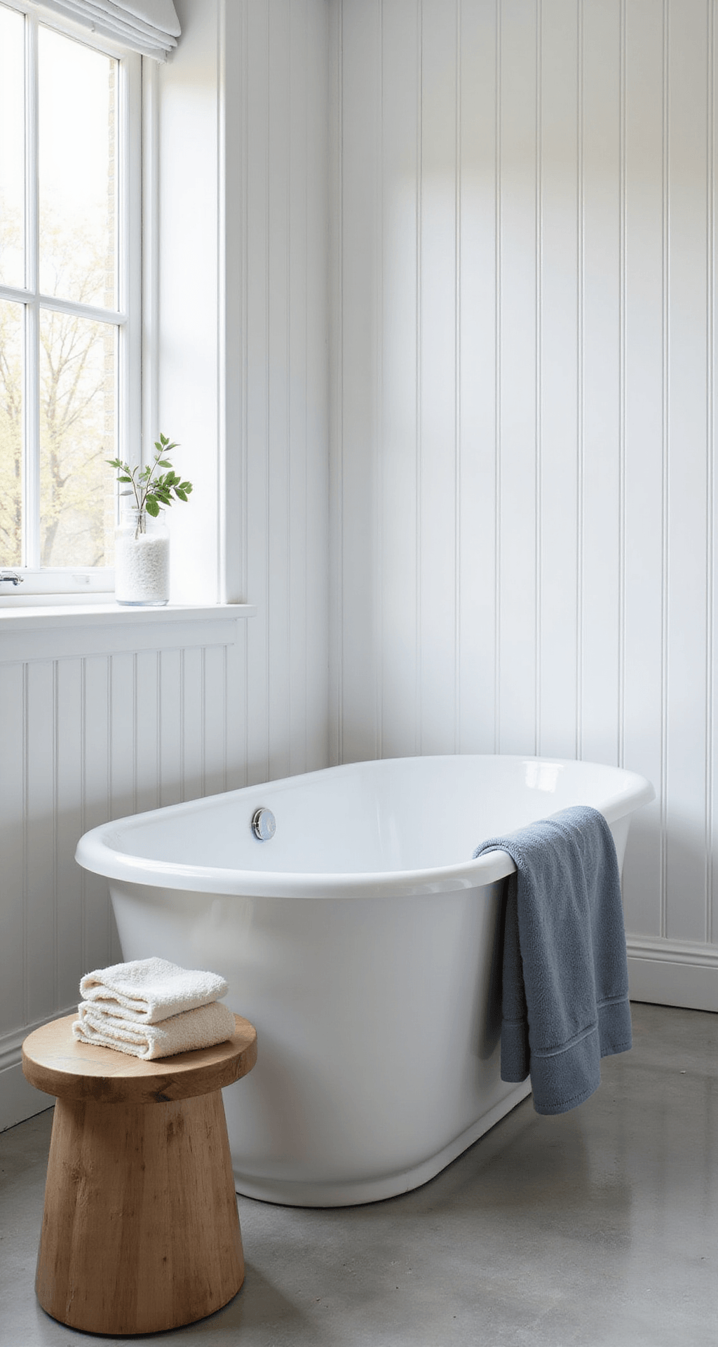 Coastal Bathroom Decor That'll Make Your Followers Double-Tap (And Actually Work in Real Life) A serene Scandinavian coastal bathroom corner featuring a freestanding white soaking tub, styled with a dusty blue towel and eucalyptus stem, against floor-to-ceiling white shiplap walls and pale gray concrete floors, illuminated by bright afternoon light.