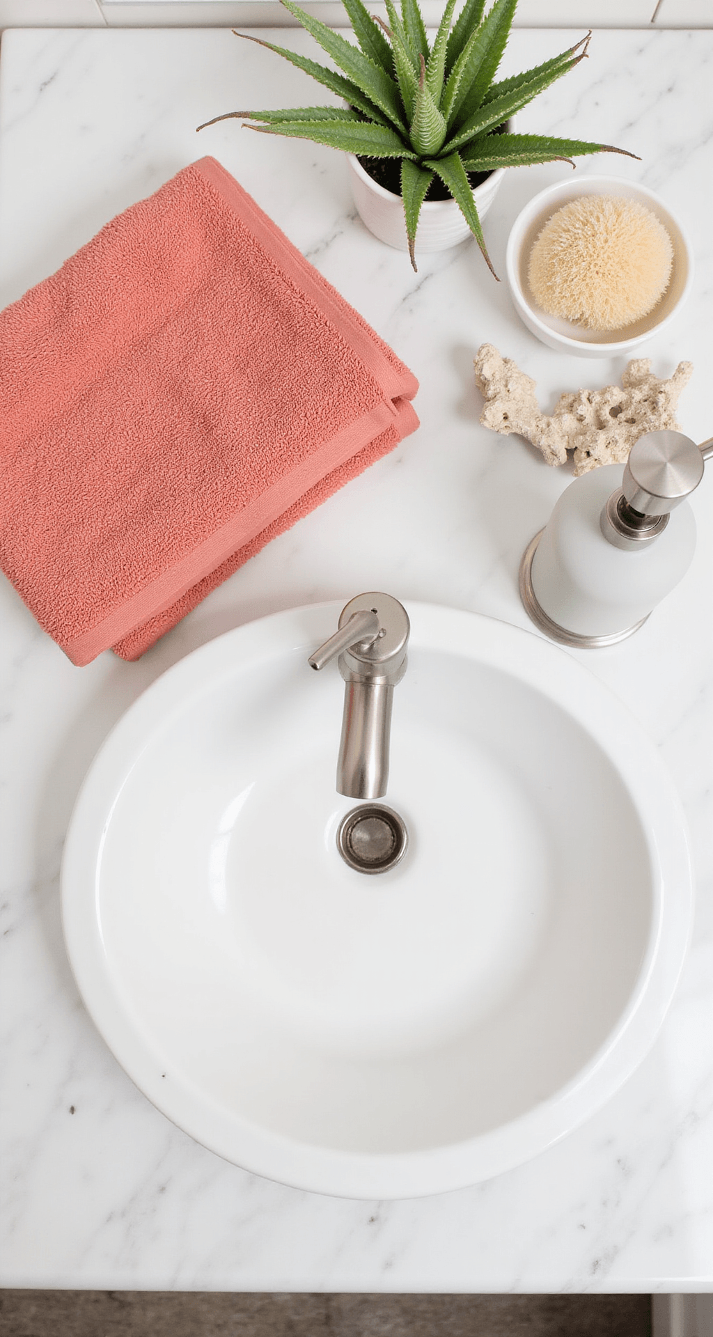 Coastal Bathroom Decor That'll Make Your Followers Double-Tap (And Actually Work in Real Life) Flat lay of a tropical coastal powder room vanity featuring a white marble countertop with an asymmetrical triangle composition, including a coral-colored hand towel, white ceramic soap pump, natural sea sponge, small air plant, and bleached coral, complemented by a brushed nickel faucet and an above-counter white porcelain vessel sink.