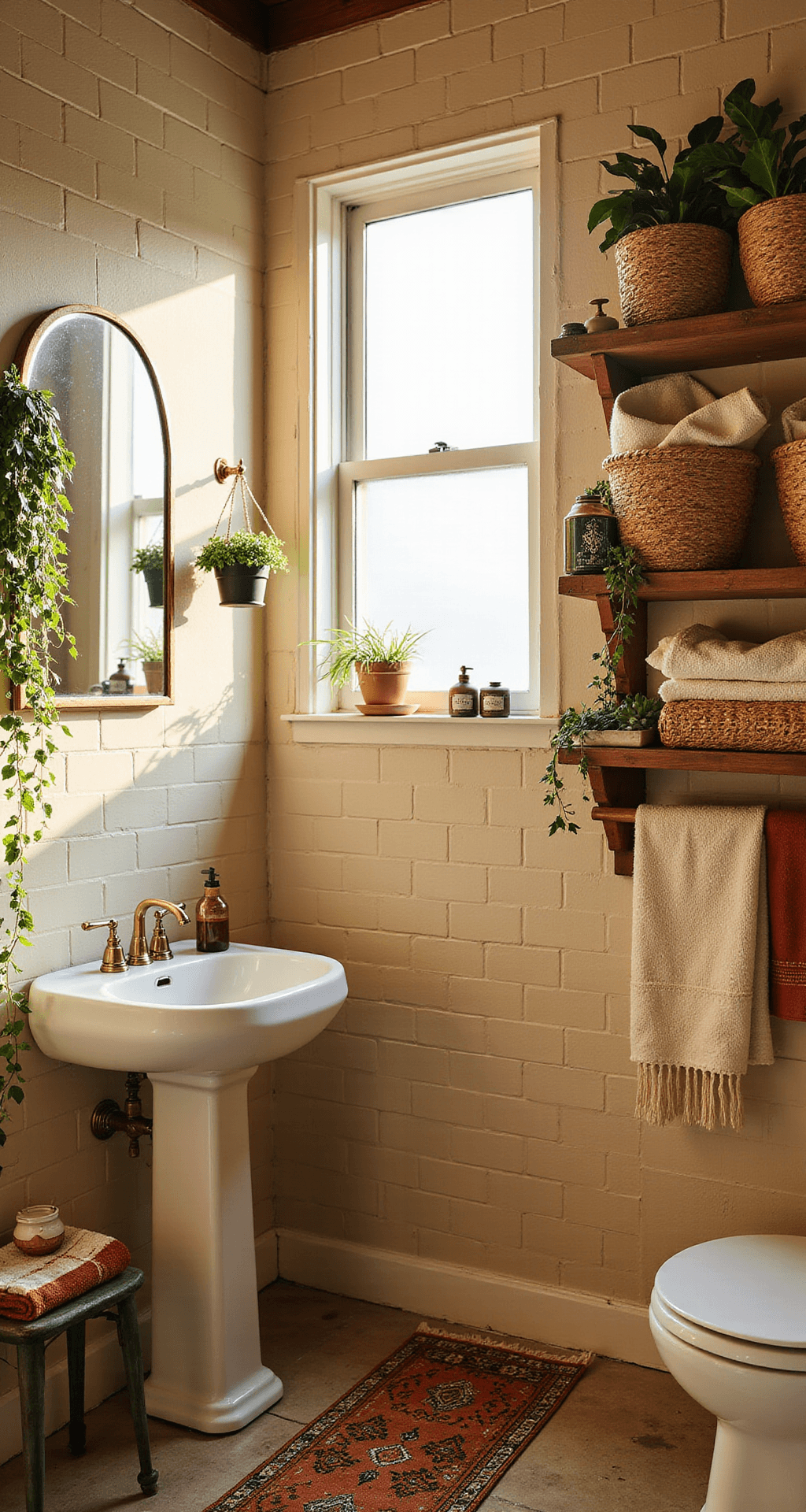 Bohemian Bathroom Decor Ideas That'll Make You Never Want to Leave Bohemian bathroom at golden hour, featuring cream subway tiles, vintage brass arched mirror, white pedestal sink, terracotta and sage rug, rattan baskets with rolled towels, trailing pothos plants, snake plant, and brass fixtures illuminated by warm natural light.