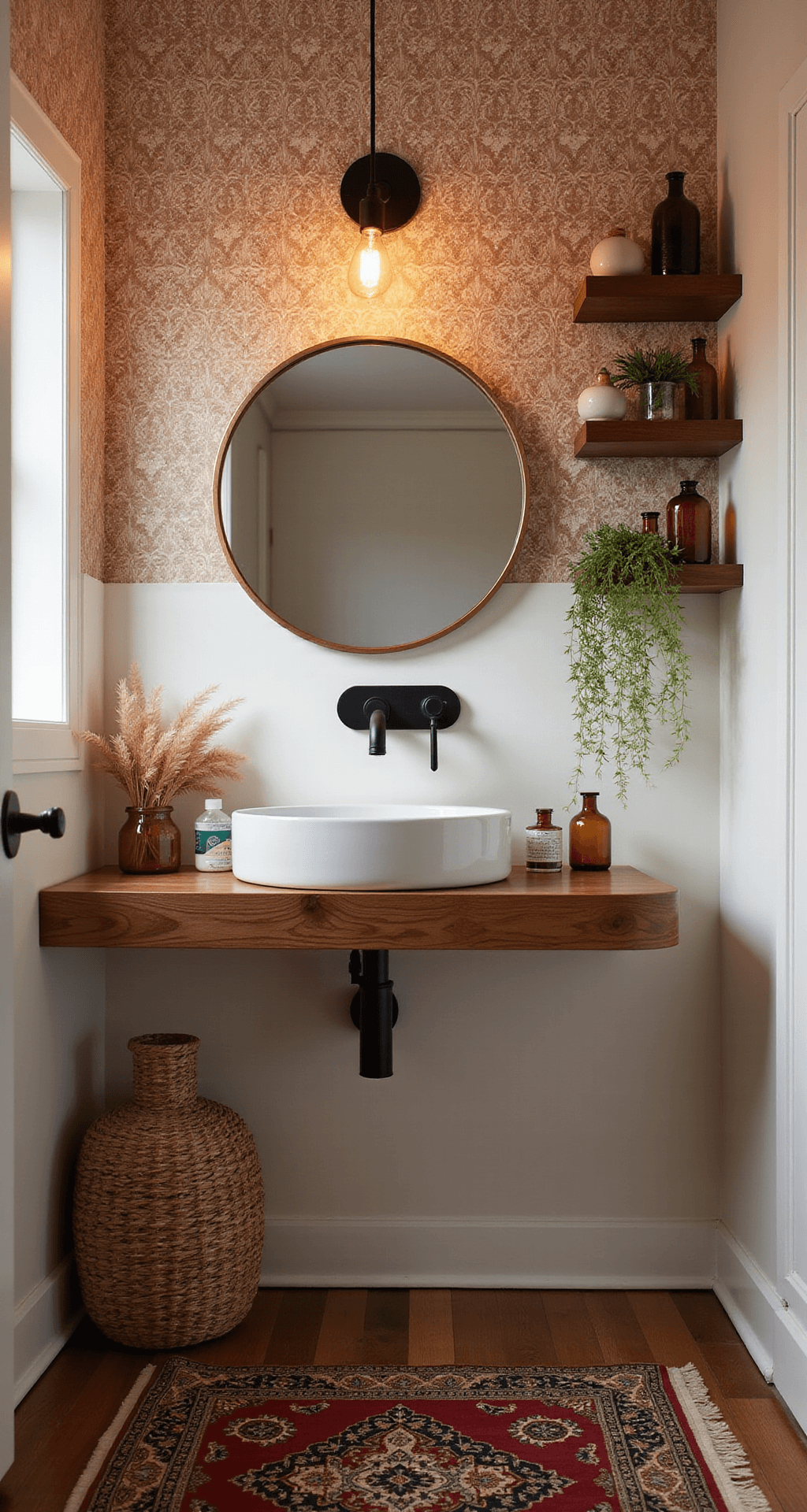 Bohemian Bathroom Decor Ideas That'll Make You Never Want to Leave A modern bohemian powder room featuring muted terracotta wallpaper, a round brass-framed mirror, a walnut floating vanity with a white vessel sink and black faucet, and a vintage Persian-style runner. The space is accented with a wicker basket holding pampas grass, ceramic vessels, trailing plants on floating shelves, and warm Edison bulb lighting from a pendant fixture, all captured in soft afternoon light.