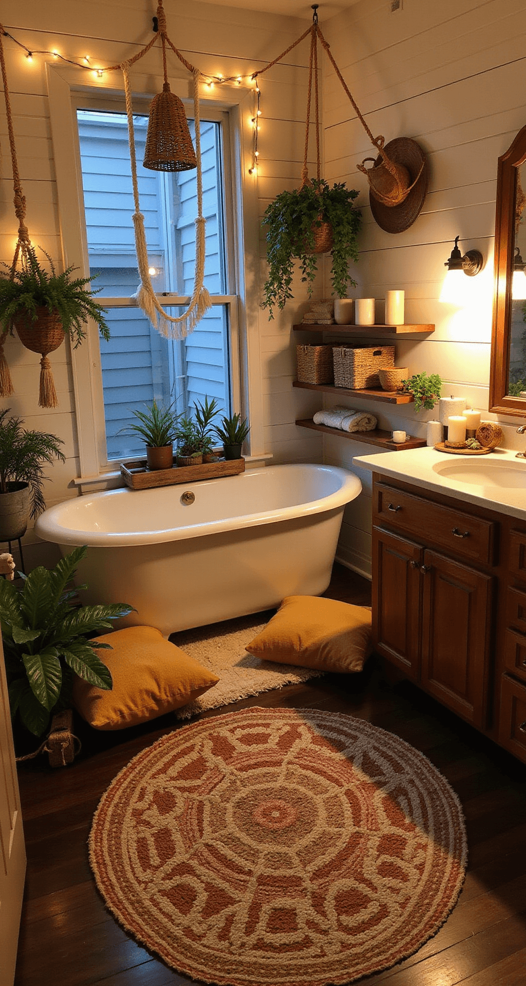Bohemian Bathroom Decor Ideas That'll Make You Never Want to Leave A cozy bohemian bathroom featuring a vintage clawfoot tub surrounded by floor cushions, with warm artificial lighting and natural plants, captured during blue hour.