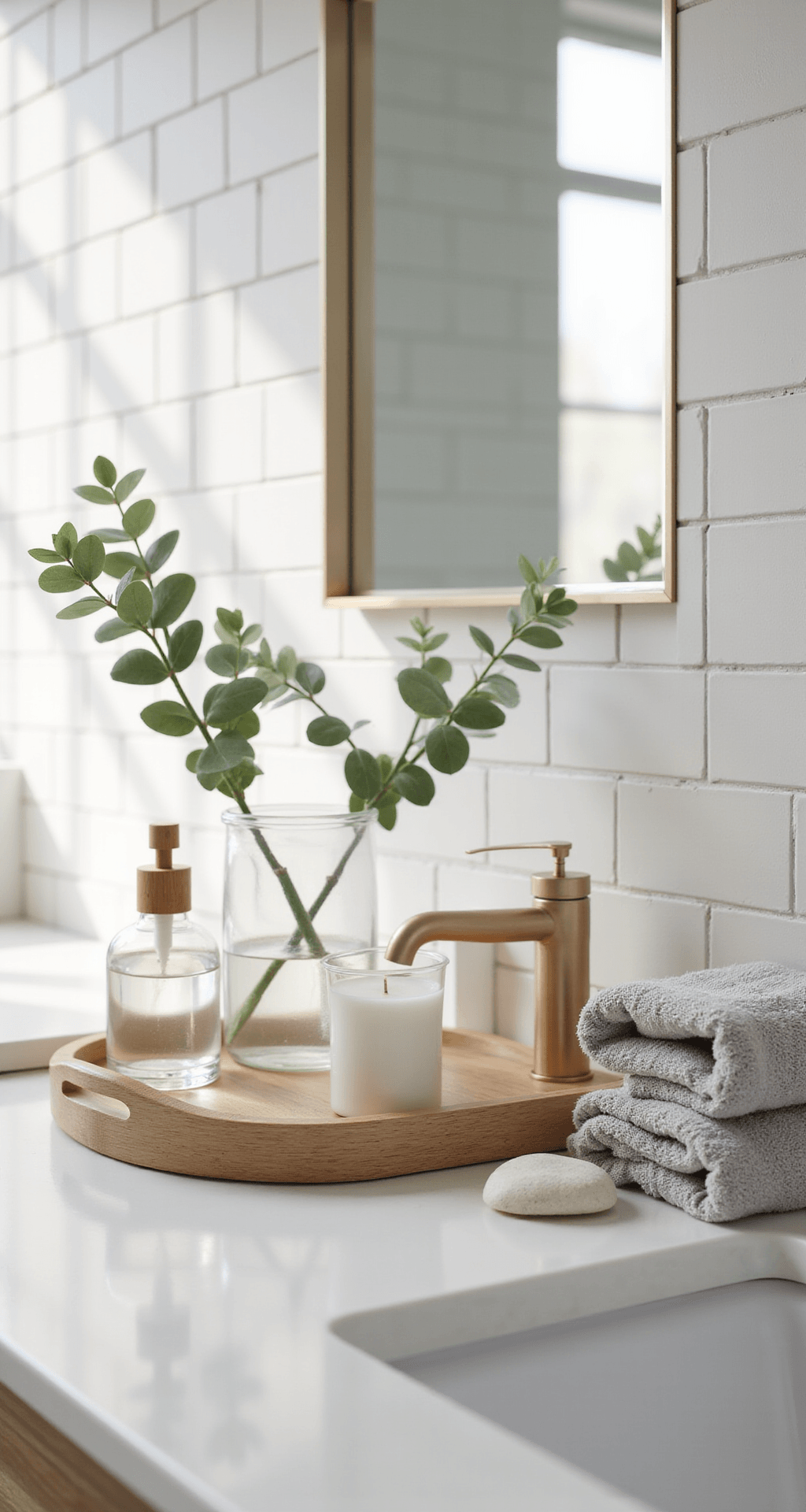 Bathroom Table Decor: Your Complete Guide to Creating Pinterest-Worthy Bathroom Styling A modern minimalist bathroom vanity scene featuring a clean white quartz countertop with a rectangular light oak tray containing a clear glass soap dispenser, a white ceramic jar candle, and a tall clear cylinder vase with eucalyptus stems, accompanied by dove gray hand towels and a smooth white river stone accent. The background showcases white subway tile and brushed brass fixtures, all illuminated by soft morning light.