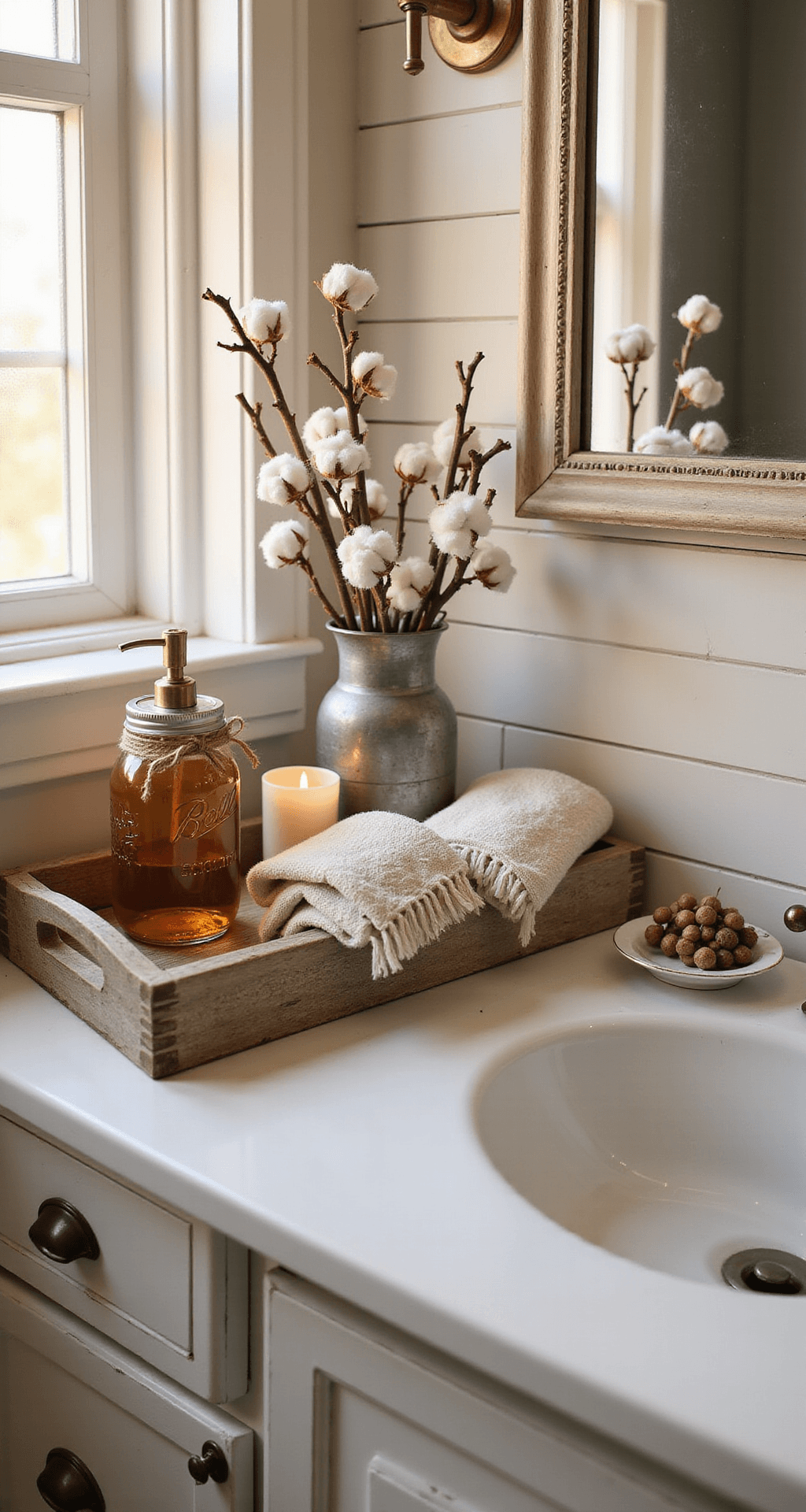 Bathroom Table Decor: Your Complete Guide to Creating Pinterest-Worthy Bathroom Styling Cozy farmhouse bathroom featuring a distressed white wood vanity with aged brass hardware, topped with a weathered wooden tray holding a mason jar soap dispenser, an amber glass candle, and a galvanized pitcher with cotton stems, under warm afternoon light from a frosted window, with cream linen towels in a wicker basket and a vintage-style mirror reflecting golden light on shiplap walls.