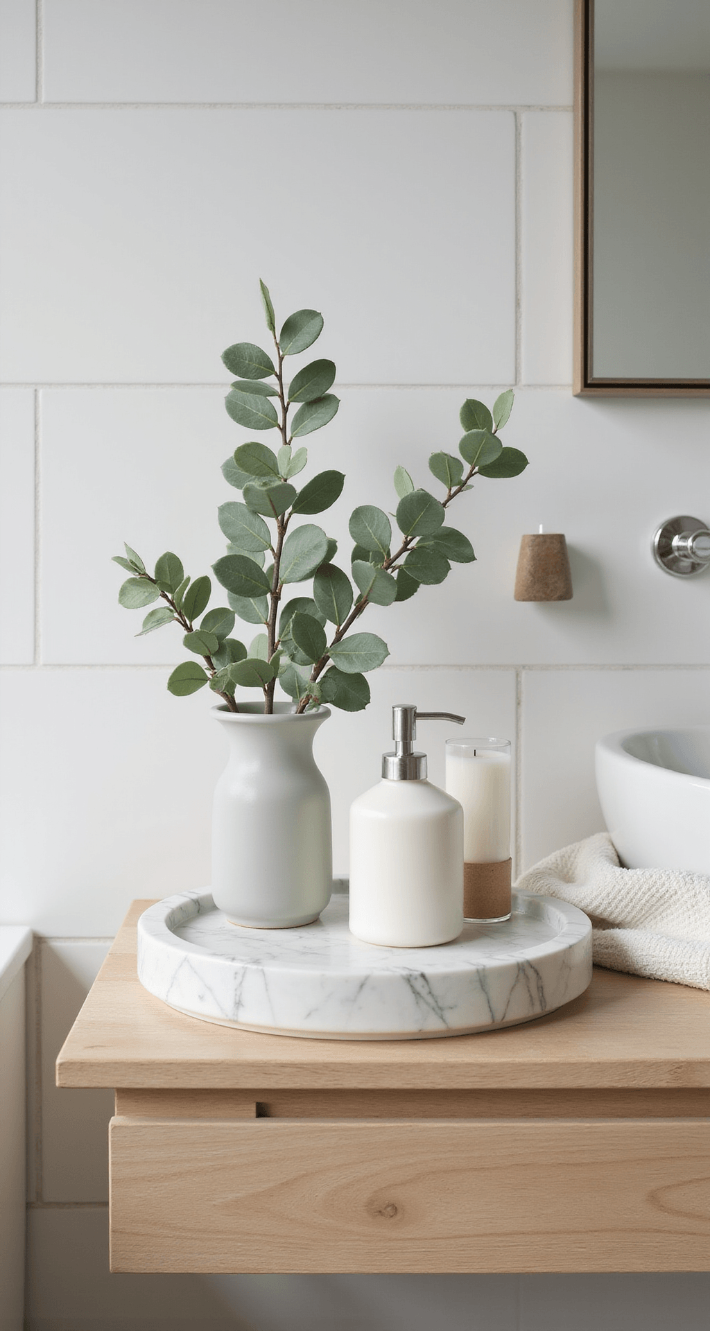 Bathroom Table Decor: Your Complete Guide to Creating Pinterest-Worthy Bathroom Styling Spa-inspired Scandinavian bathroom decor featuring a blonde wood floating vanity with a marble tray holding a matte white soap dispenser, eucalyptus bundle in a glass vase, and a natural wax candle, complemented by a casual white towel beside it, against a backdrop of white tiles and chrome fixtures.
