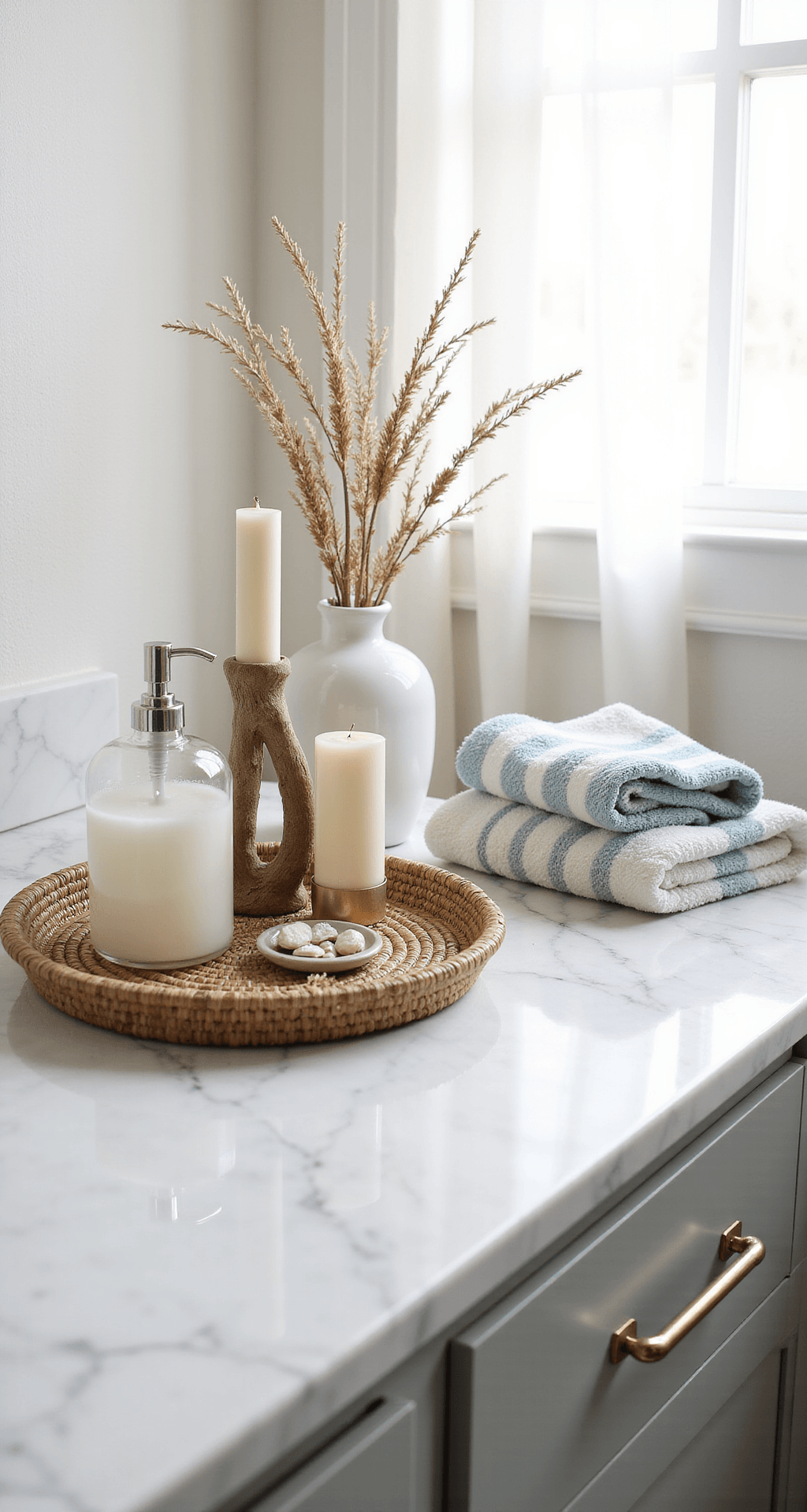 Bathroom Table Decor: Your Complete Guide to Creating Pinterest-Worthy Bathroom Styling Elegant coastal bathroom vanity styled with a white marble countertop, rattan tray holding a frosted glass soap dispenser and driftwood candle holder, a tall white ceramic vase with sea grass and coral branches, and stacks of blue and white hand towels, all in bright midday light with sheer curtains filtering soft backlight.