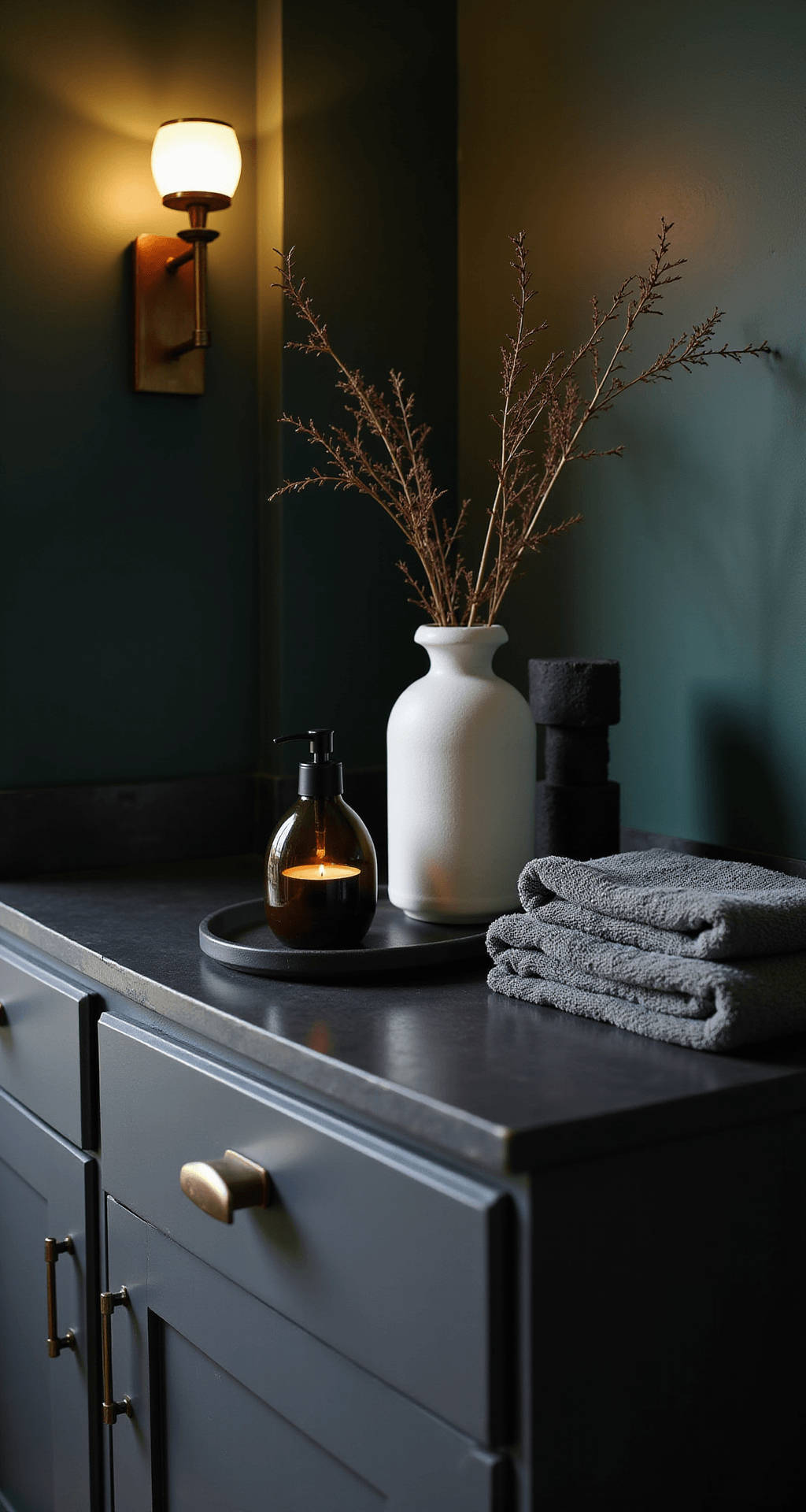 Bathroom Table Decor: Your Complete Guide to Creating Pinterest-Worthy Bathroom Styling A moody modern bathroom table scene featuring a dark charcoal vanity with black hardware, a sleek black metal tray holding a dark amber glass soap dispenser, a black ceramic candle, and a white ceramic vase with a single branch. Charcoal gray towels are neatly folded, and a small black stone sculpture is present. The deep forest green accent wall and brass sconce provide warm lighting, captured from a low angle to emphasize sophistication and contrast.