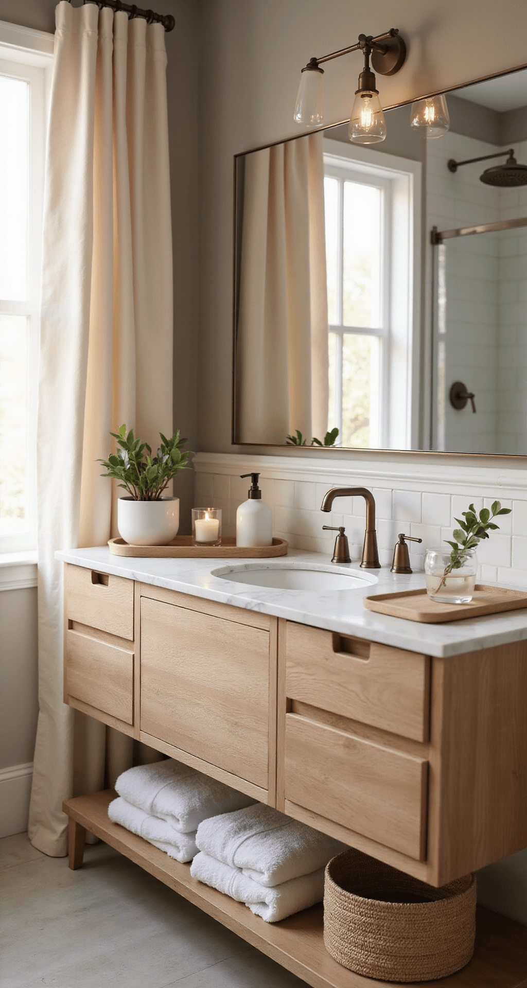 Bathroom Spa Decor Ideas That'll Make You Never Want to Leave (And I'm Not Even Joking) Photorealistic spa bathroom interior featuring warm greige walls and white subway tile wainscoting, illuminated by golden hour light through white linen curtains, showcasing a floating white oak vanity, brushed brass fixtures, and a frameless mirror, with a marble countertop adorned with a soap dispenser, pothos plant, and eucalyptus candle, alongside rolled white towels in a seagrass basket and a matte black rainfall showerhead in the background.