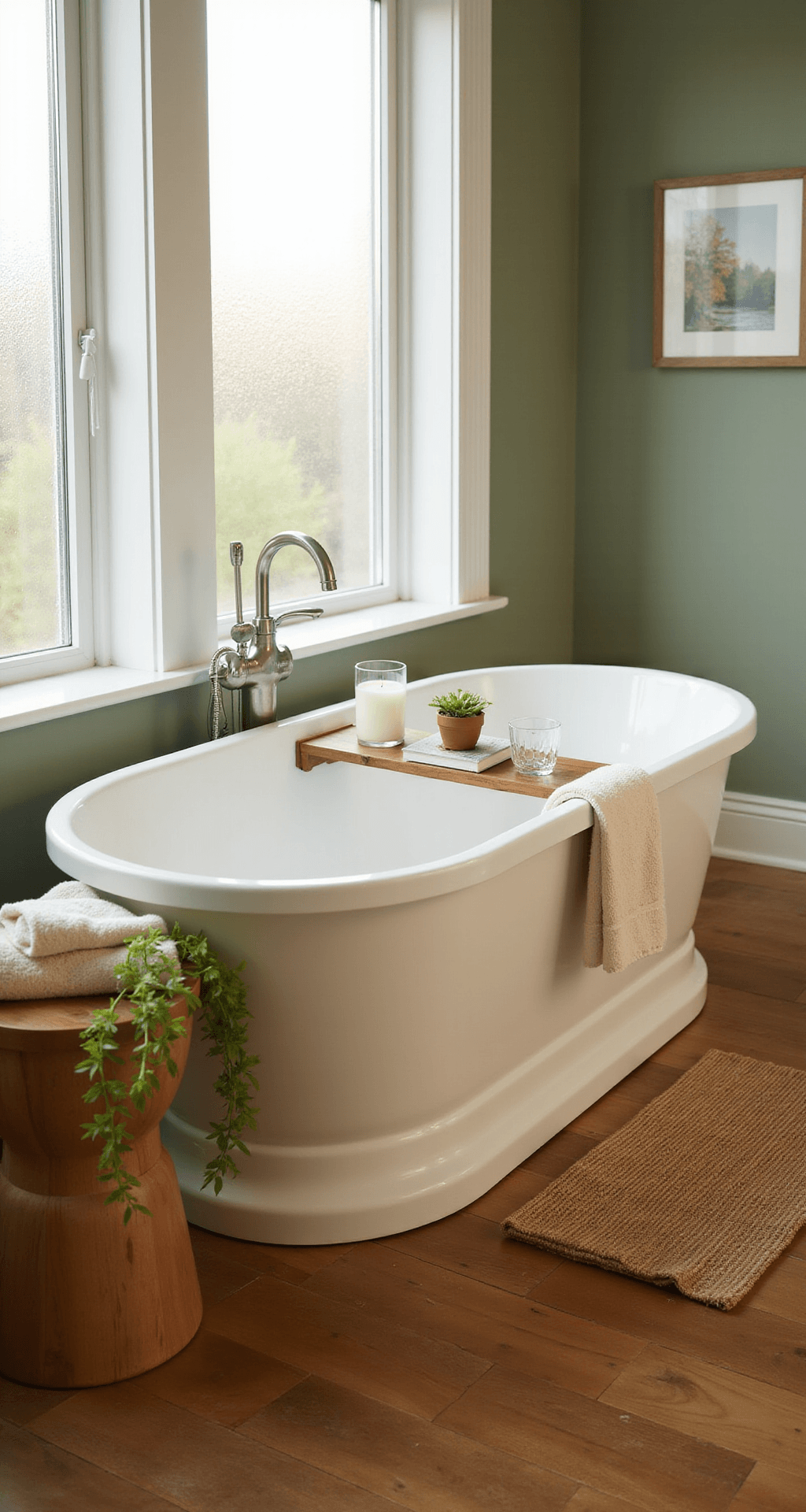 Bathroom Spa Decor Ideas That'll Make You Never Want to Leave (And I'm Not Even Joking) A freestanding white bathtub in a spa-like bathroom with a sage green accent wall, warm wood flooring, and natural light streaming through a frosted glass window, adorned with a bamboo caddy holding a book, succulent, candle, and glass of water, alongside a natural wood stool with bath towels and a philodendron plant, all under brushed nickel fixtures and subtle under-cabinet lighting.