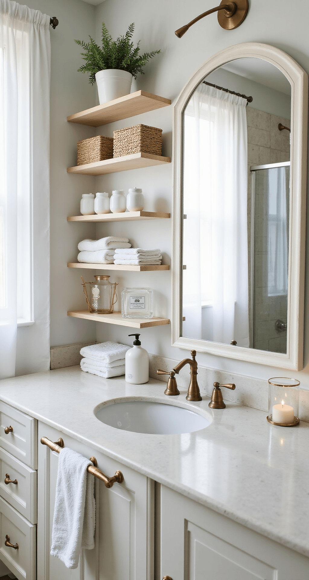 Bathroom Spa Decor Ideas That'll Make You Never Want to Leave (And I'm Not Even Joking) Small rental bathroom featuring vertical space optimization with white oak floating shelves, a large beveled mirror, and soft morning light through sheer curtains. Organized with white ceramic containers, woven baskets, and a snake plant, the space has a marble-look counter, warm white shower curtain, and brushed brass towel hooks. A bright, airy ambiance with minimal shadows.