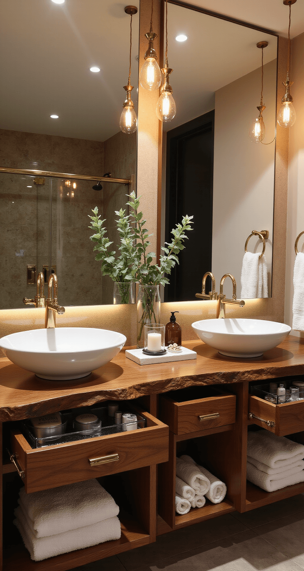 Bathroom Spa Decor Ideas That'll Make You Never Want to Leave (And I'm Not Even Joking) Luxurious vanity area featuring double white vessel sinks on a walnut countertop, warm pendant lighting, a large mirror with LED backlighting, a natural stone accent wall, neatly organized skincare products in acrylic trays, fresh eucalyptus in a vase, a luxury candle, and visible heated towel rack, all exuding a sophisticated ambiance.